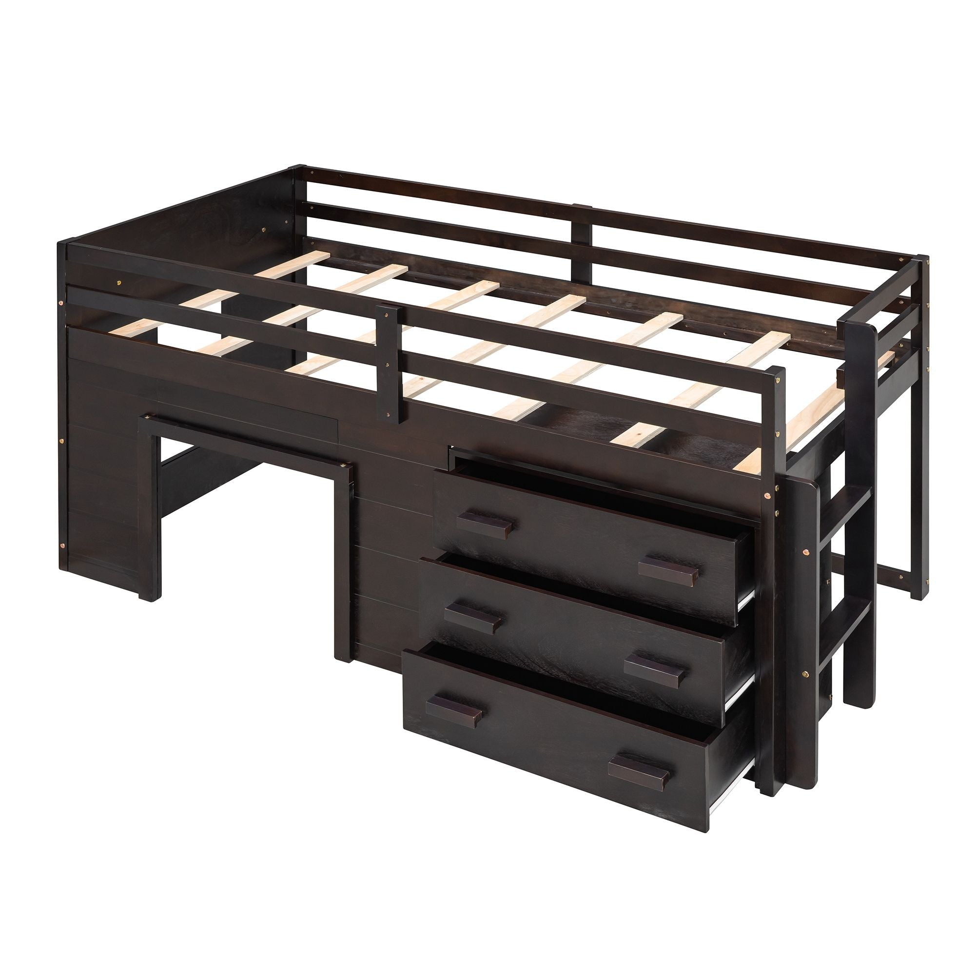 Space-Saving Twin Wood Loft Bed with Cabinet and Shelf, White Gray Espresso | Just Better Bunk Beds