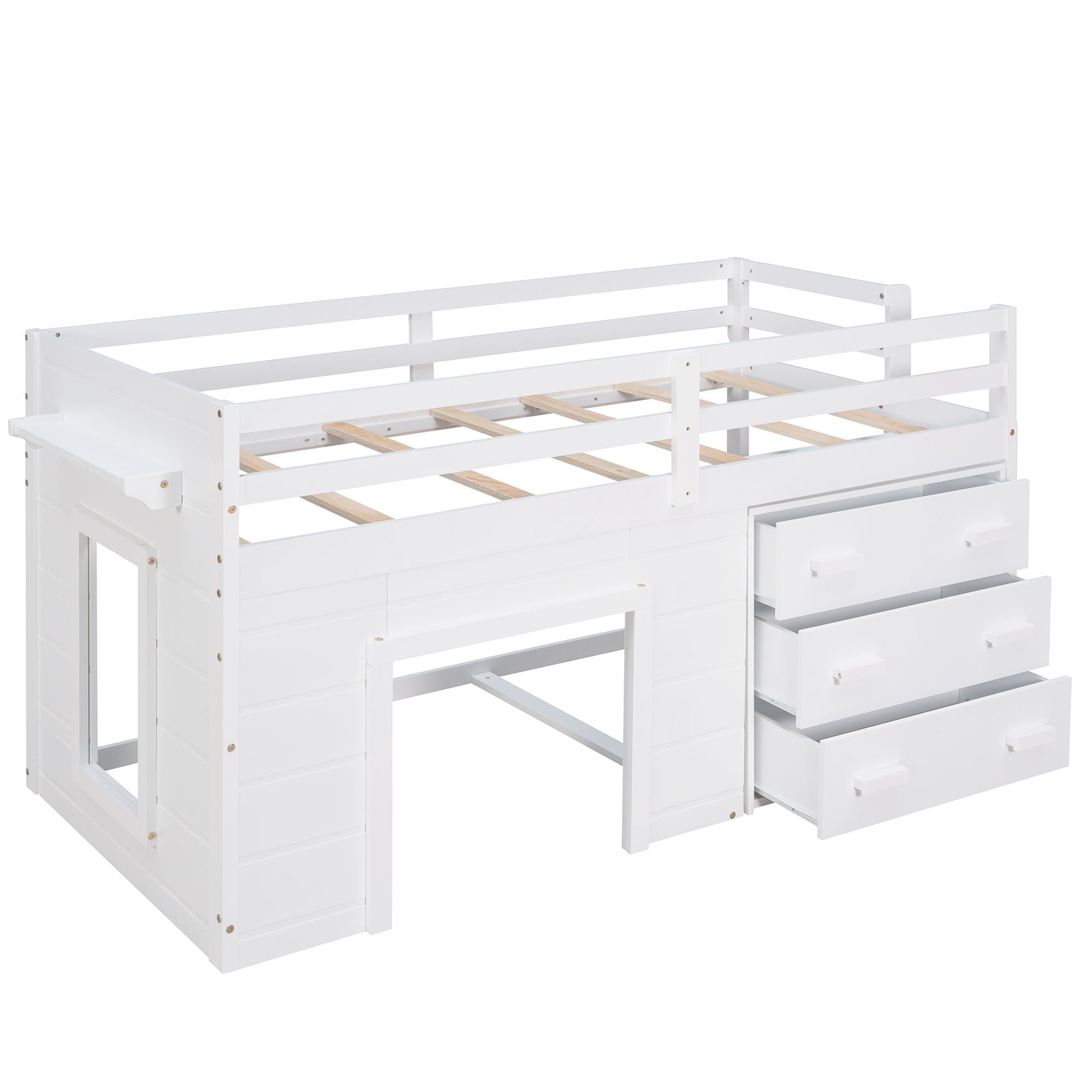 Space-Saving Twin Wood Loft Bed with Cabinet and Shelf, White Gray Espresso | Just Better Bunk Beds