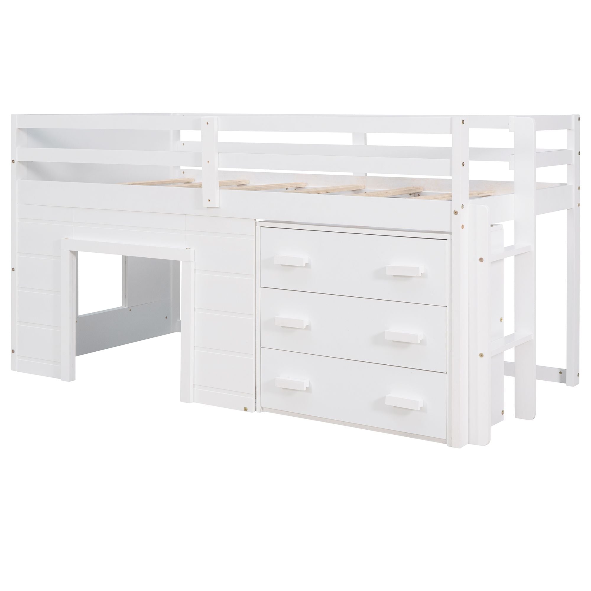 Space-Saving Twin Wood Loft Bed with Cabinet and Shelf, White Gray Espresso | Just Better Bunk Beds