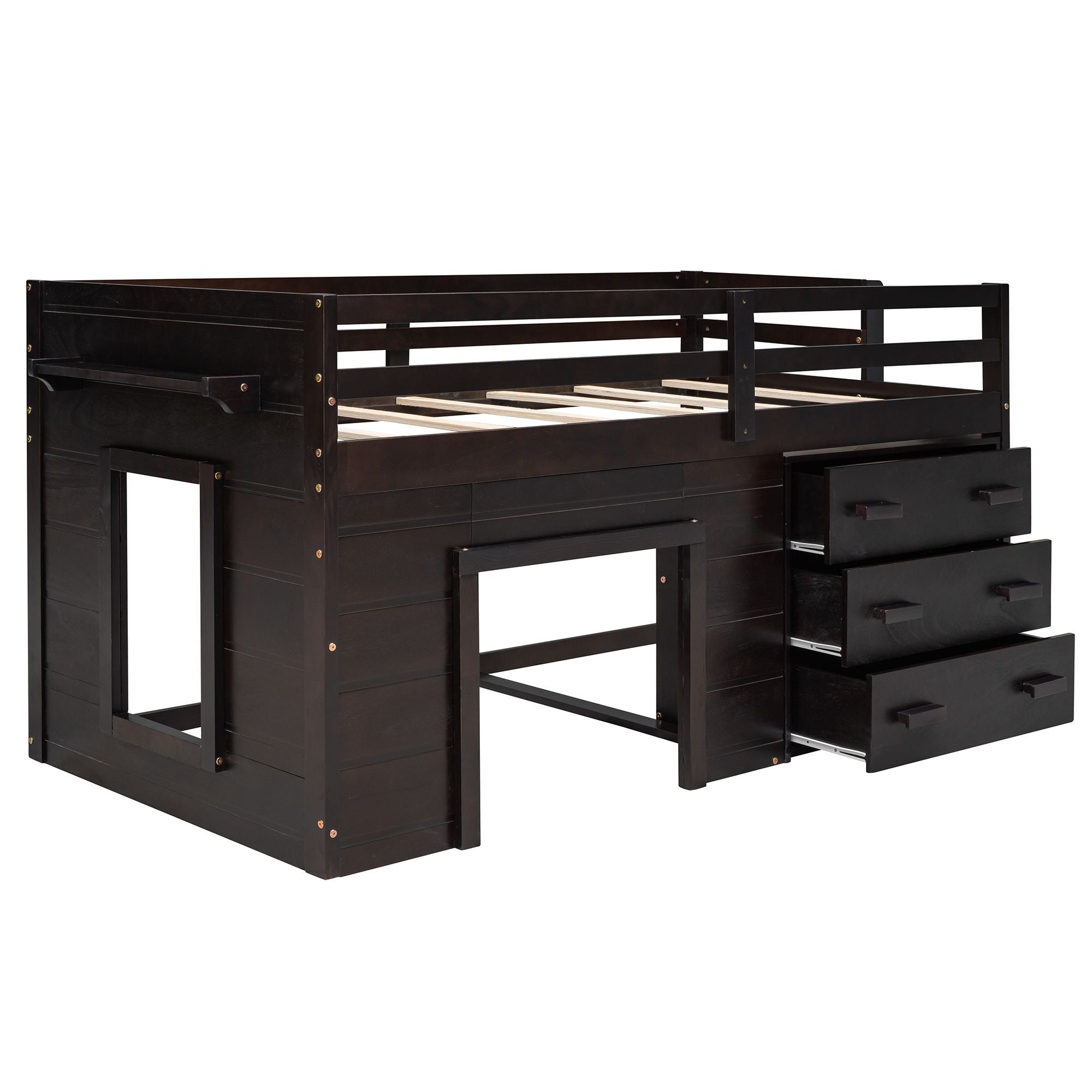 Space-Saving Twin Wood Loft Bed with Cabinet and Shelf, White Gray Espresso | Just Better Bunk Beds