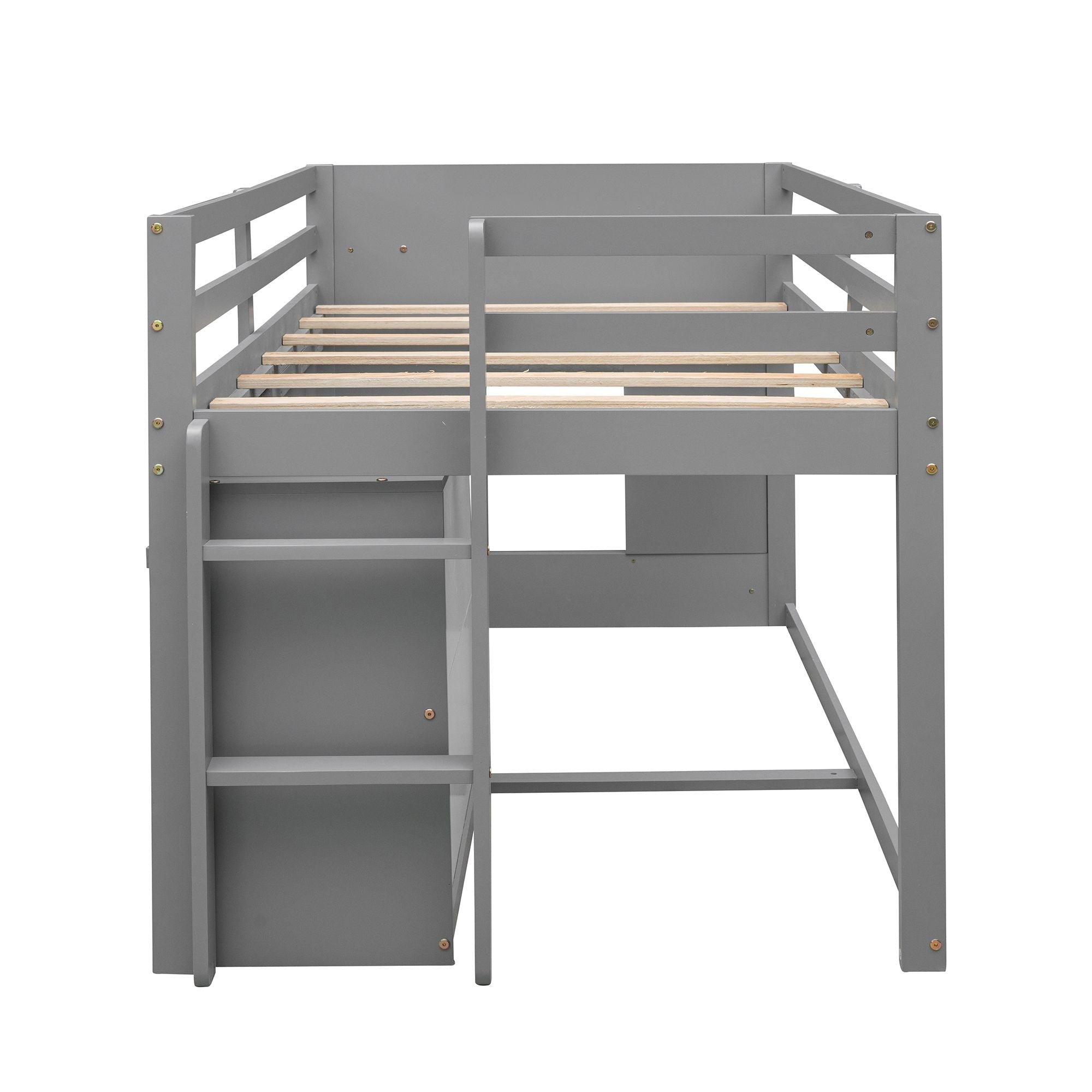 Space-Saving Twin Wood Loft Bed with Cabinet and Shelf, White Gray Espresso | Just Better Bunk Beds