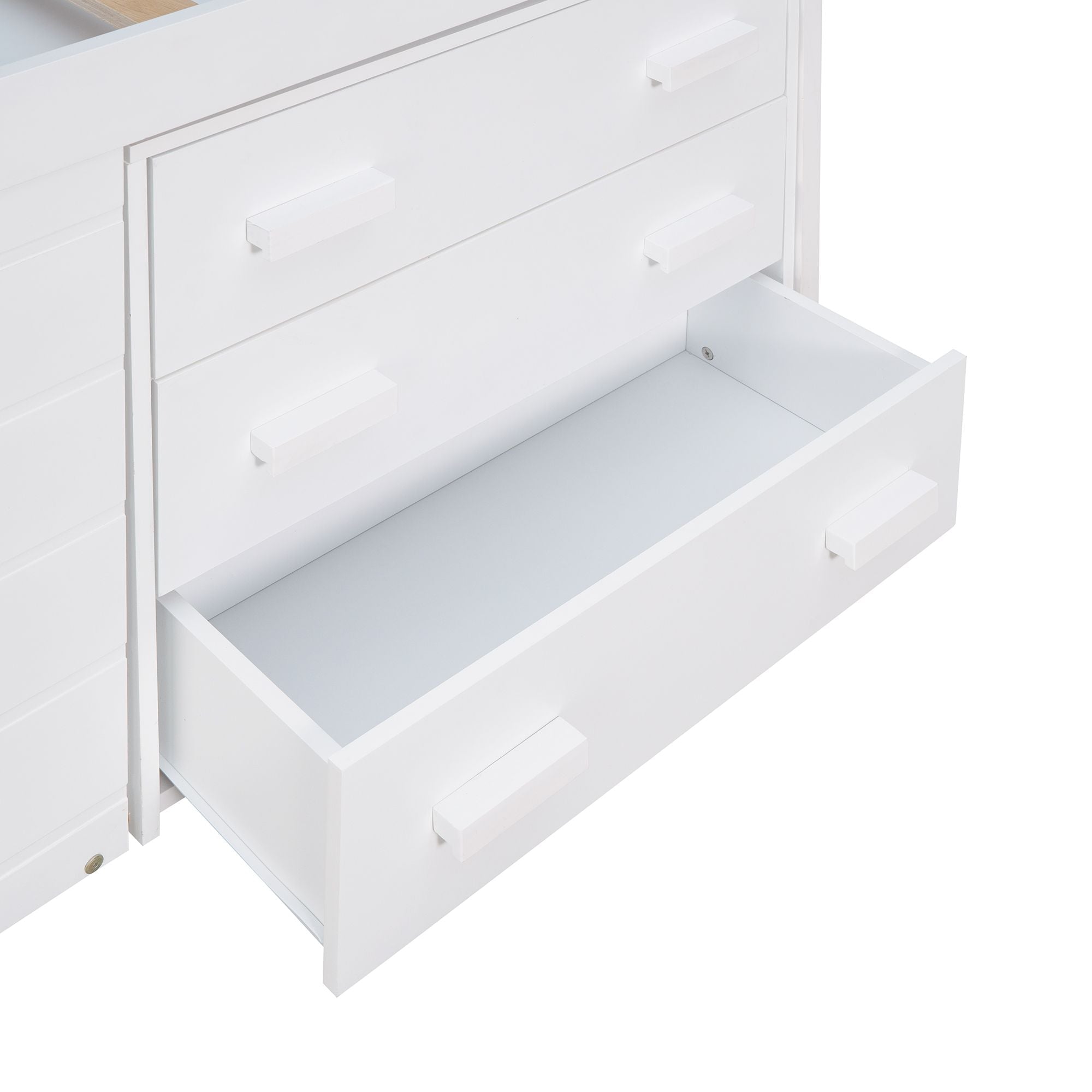 Space-Saving Twin Wood Loft Bed with Cabinet and Shelf, White Gray Espresso | Just Better Bunk Beds