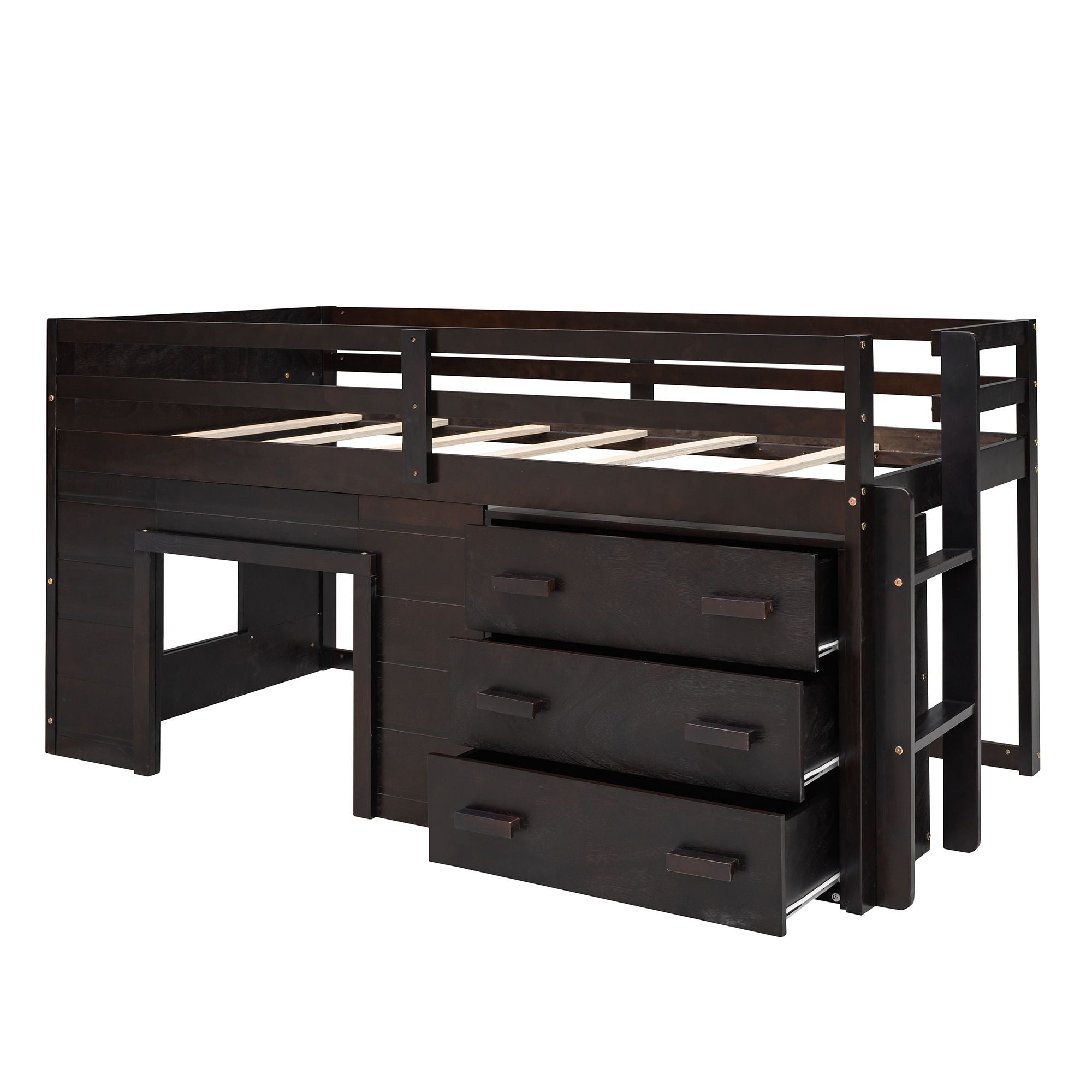Space-Saving Twin Wood Loft Bed with Cabinet and Shelf, White Gray Espresso | Just Better Bunk Beds