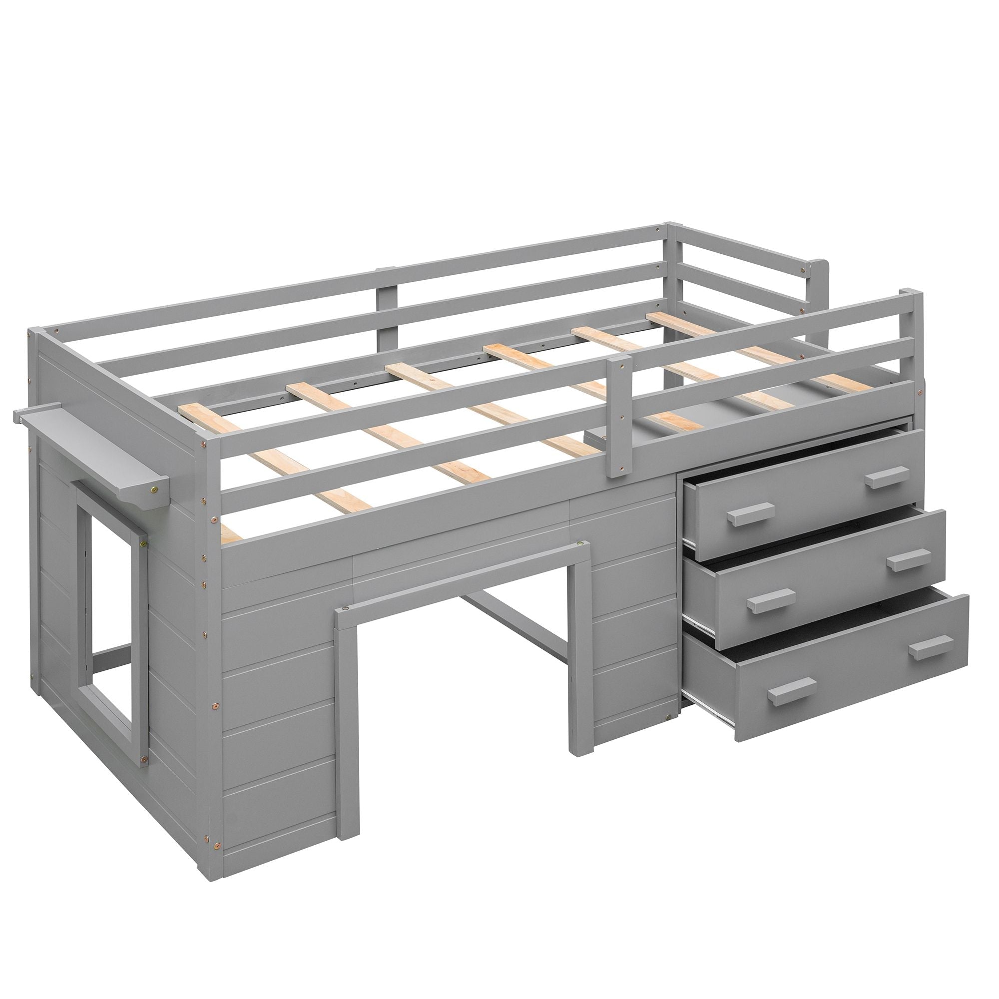 Space-Saving Twin Wood Loft Bed with Cabinet and Shelf, White Gray Espresso | Just Better Bunk Beds