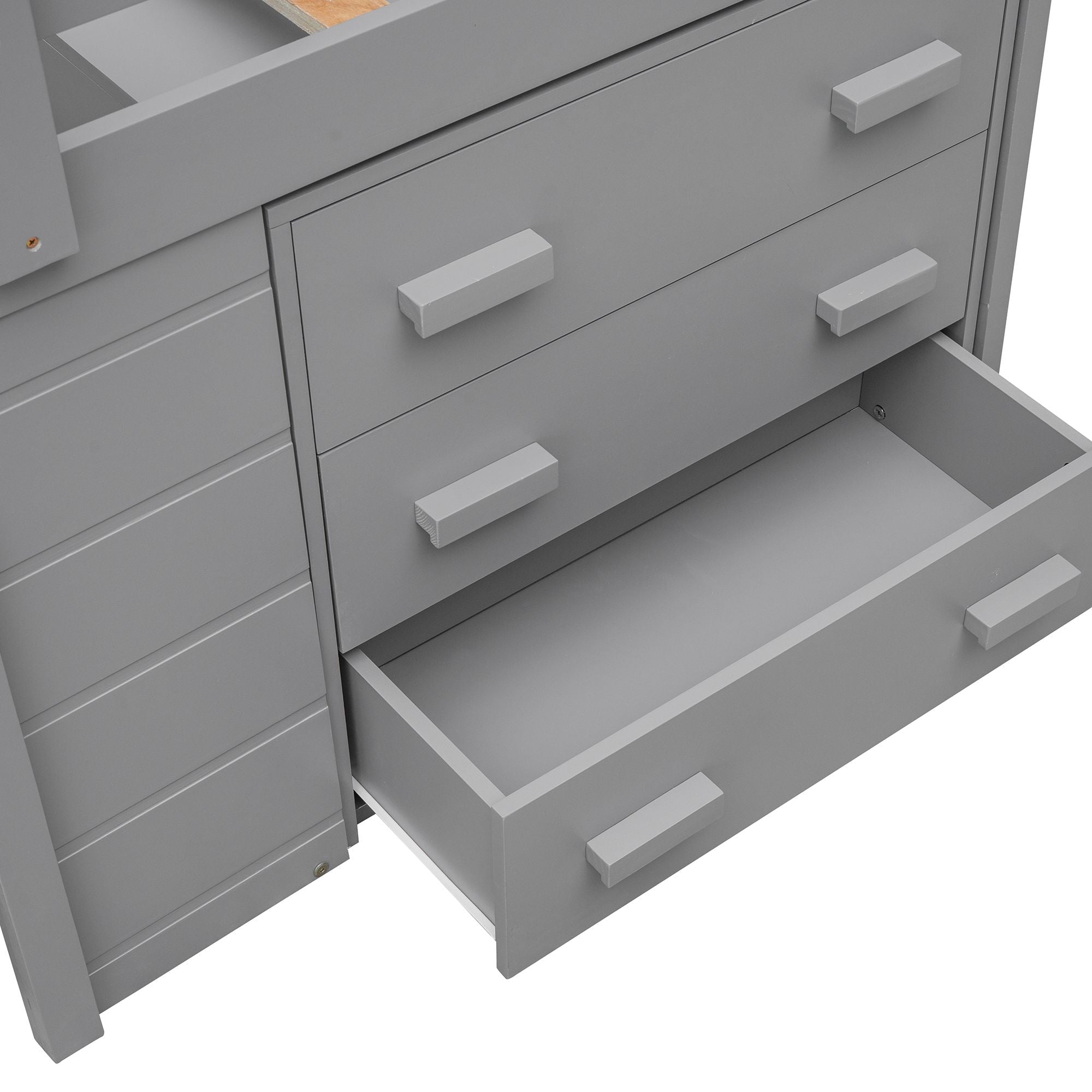 Space-Saving Twin Wood Loft Bed with Cabinet and Shelf, White Gray Espresso | Just Better Bunk Beds
