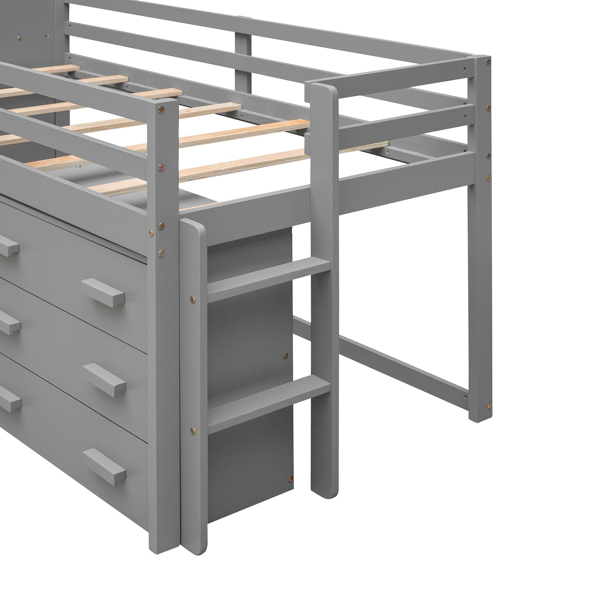 Space-Saving Twin Wood Loft Bed with Cabinet and Shelf, White Gray Espresso | Just Better Bunk Beds