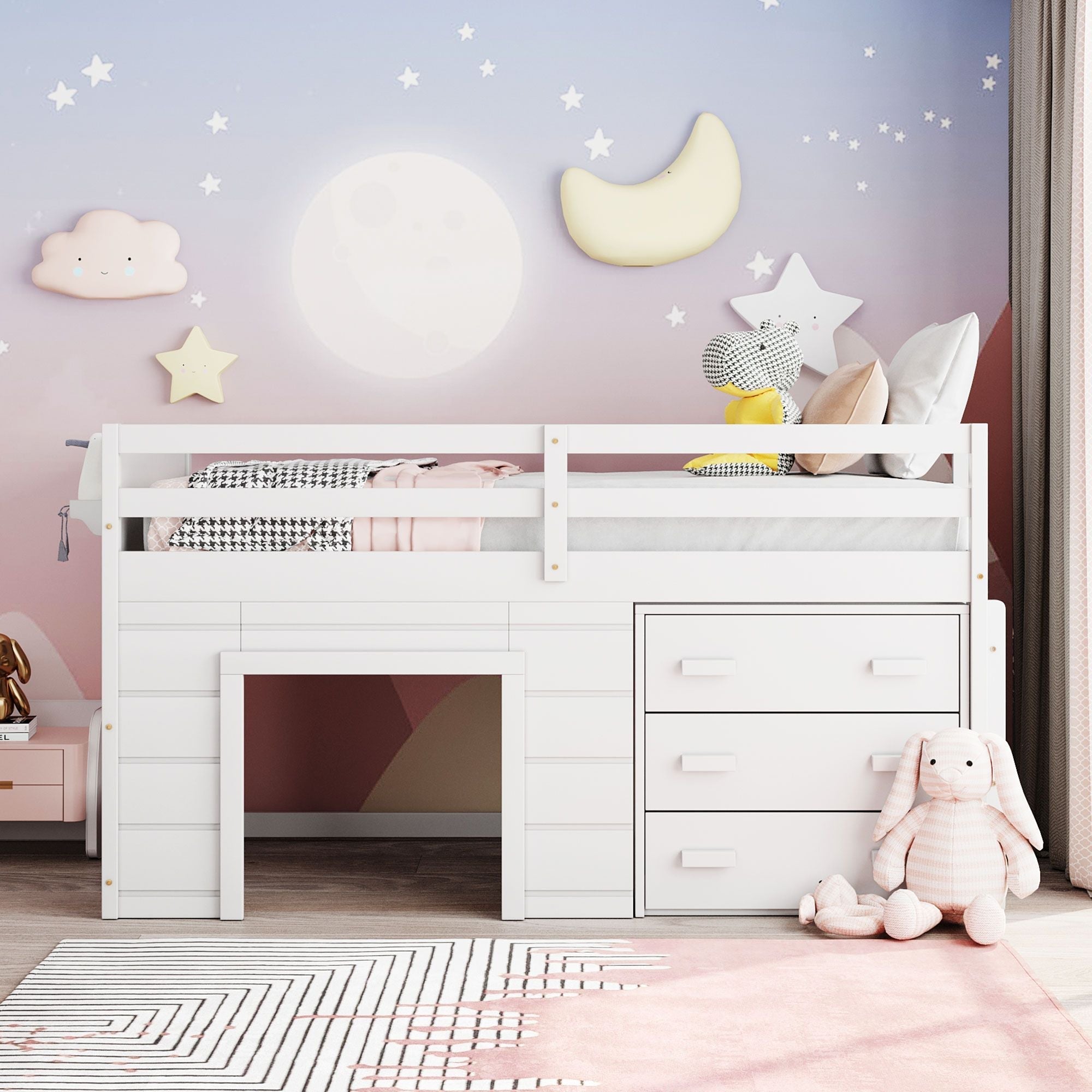Space-Saving Twin Wood Loft Bed with Cabinet and Shelf, White Gray Espresso | Just Better Bunk Beds