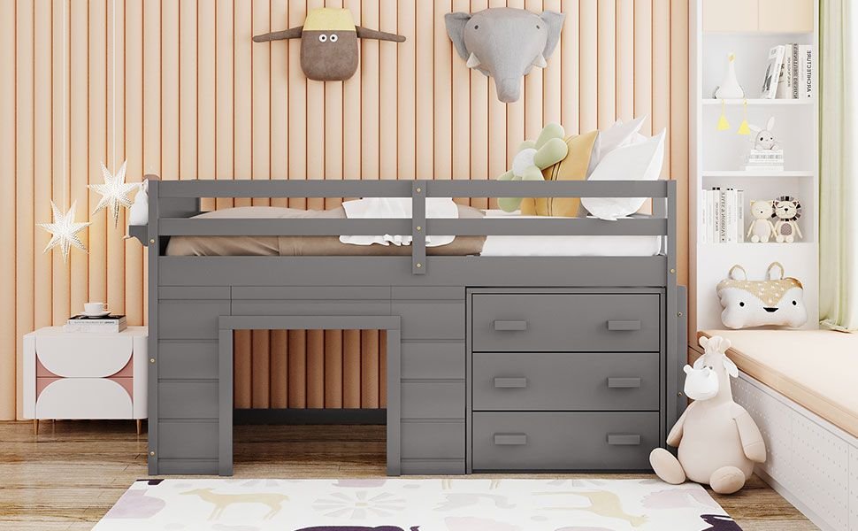 Space-Saving Twin Wood Loft Bed with Cabinet and Shelf, White Gray Espresso | Just Better Bunk Beds