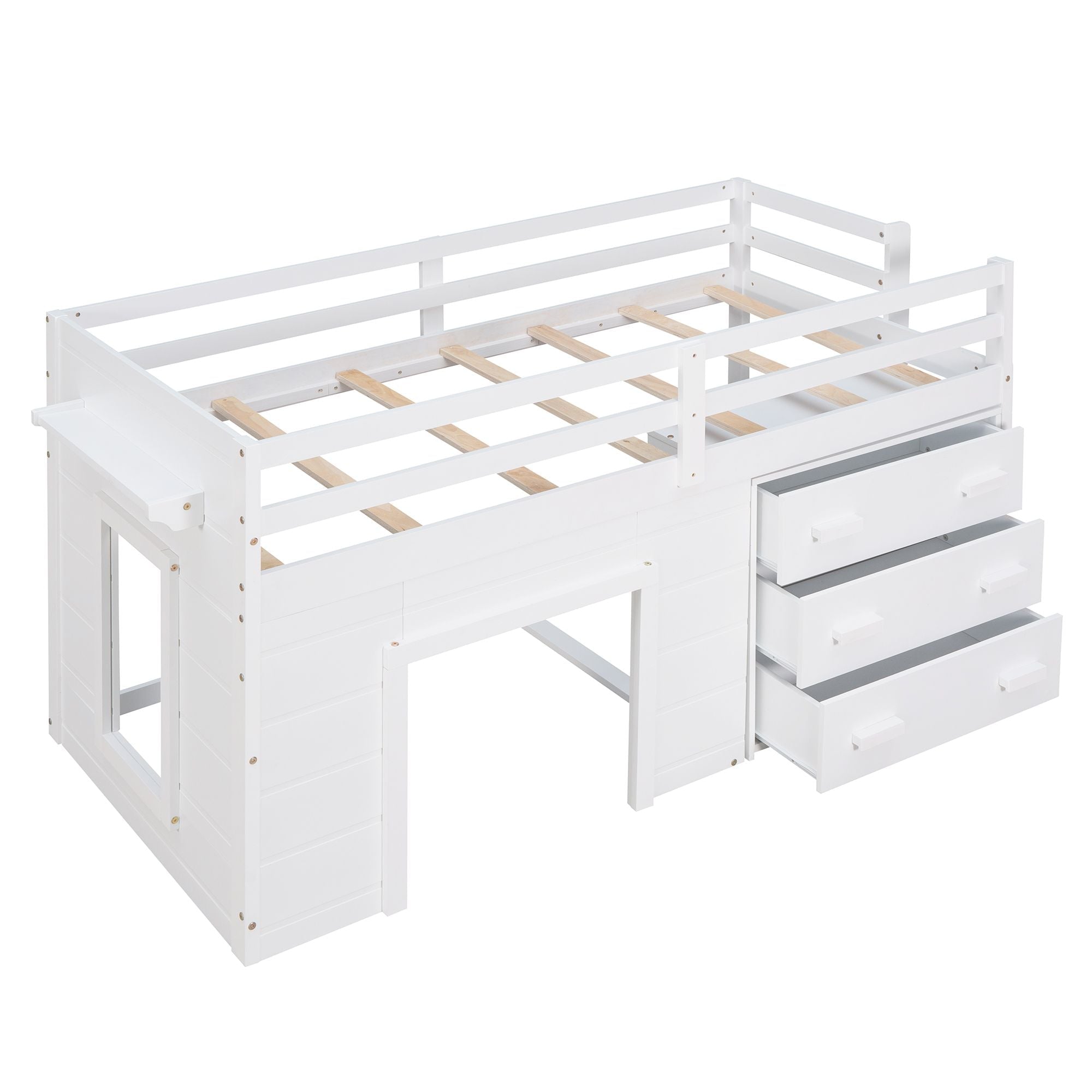 Space-Saving Twin Wood Loft Bed with Cabinet and Shelf, White Gray Espresso | Just Better Bunk Beds