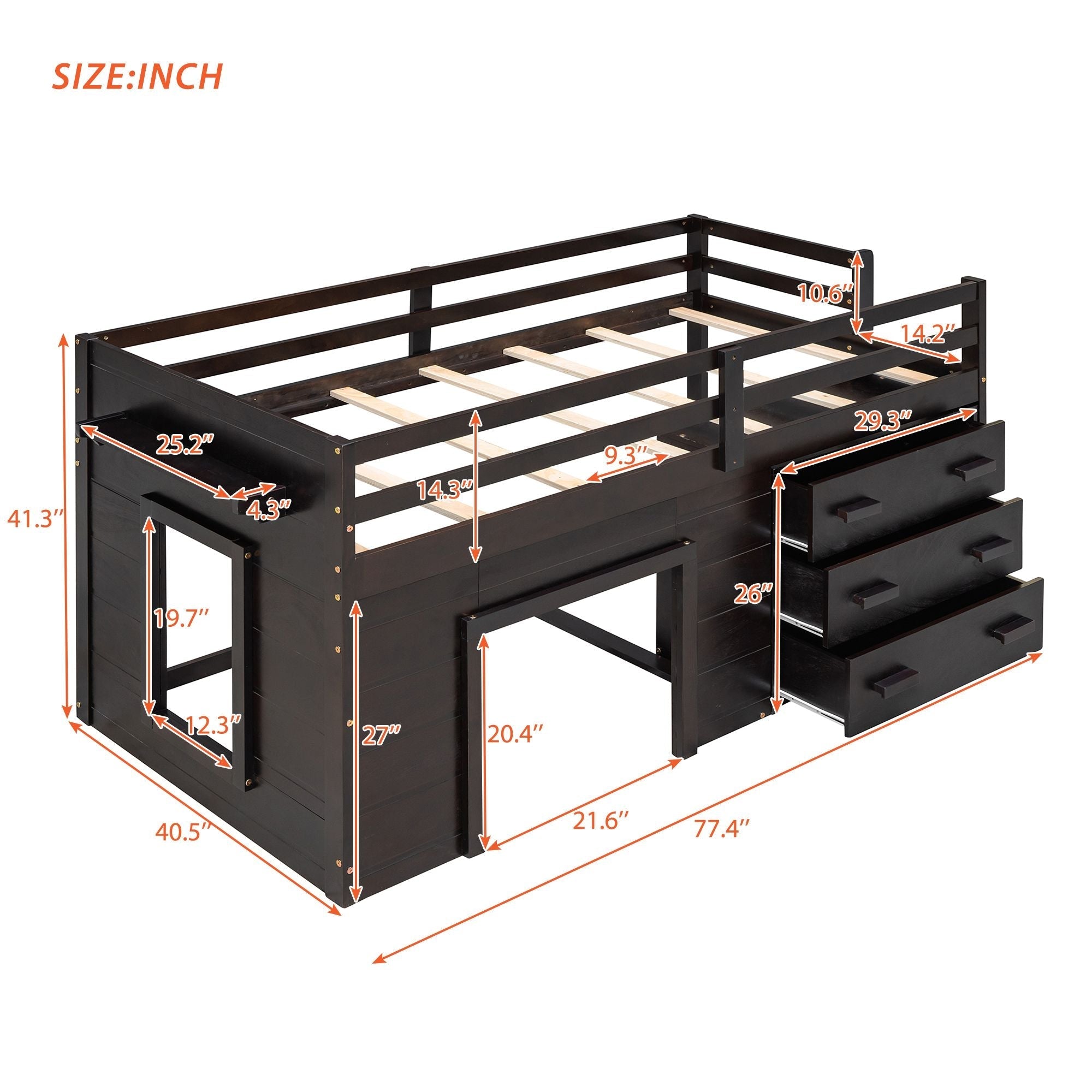 Space-Saving Twin Wood Loft Bed with Cabinet and Shelf, White Gray Espresso | Just Better Bunk Beds