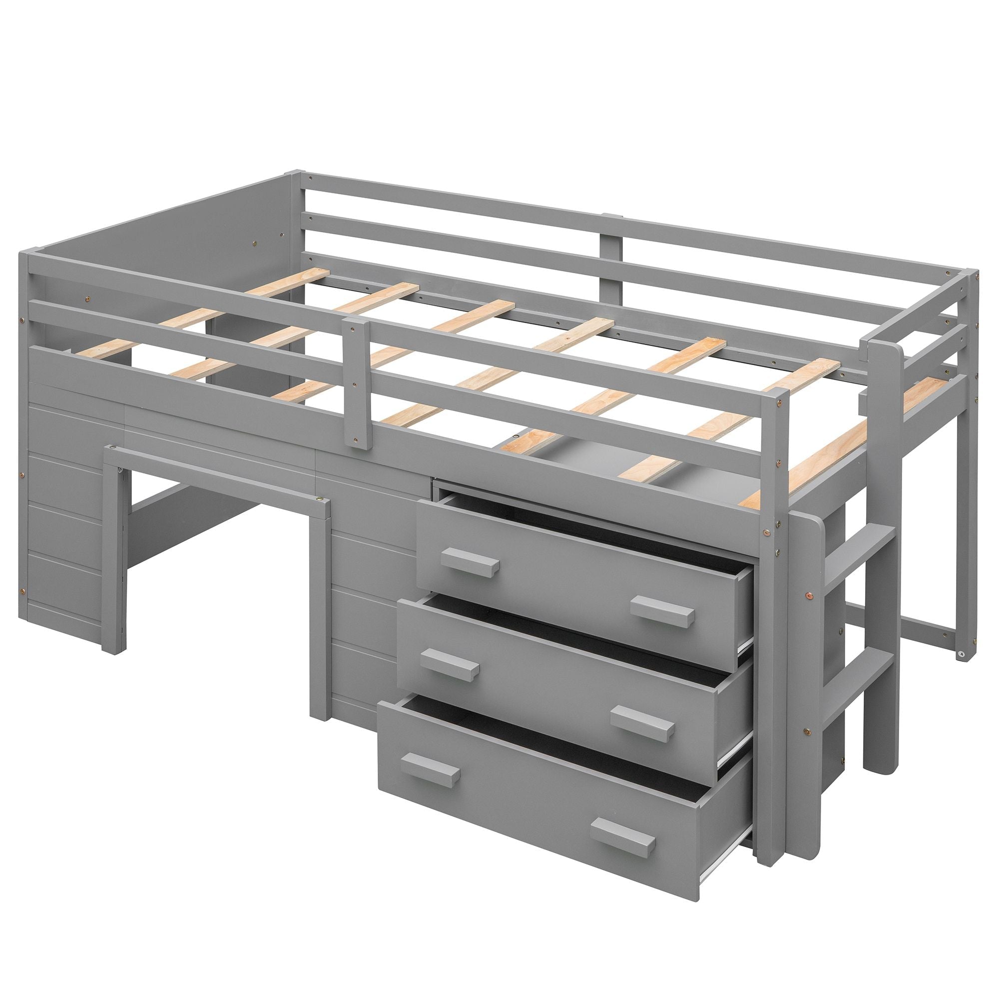 Space-Saving Twin Wood Loft Bed with Cabinet and Shelf, White Gray Espresso | Just Better Bunk Beds