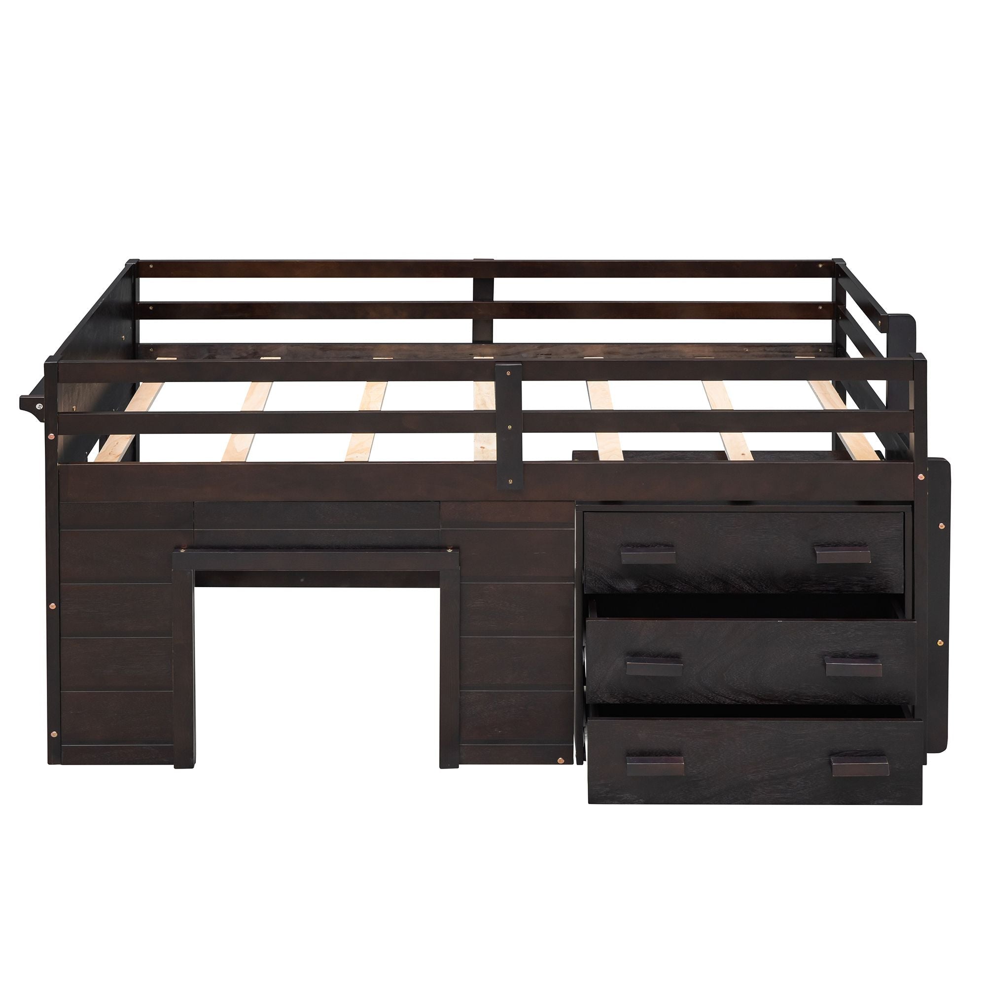 Space-Saving Twin Wood Loft Bed with Cabinet and Shelf, White Gray Espresso | Just Better Bunk Beds
