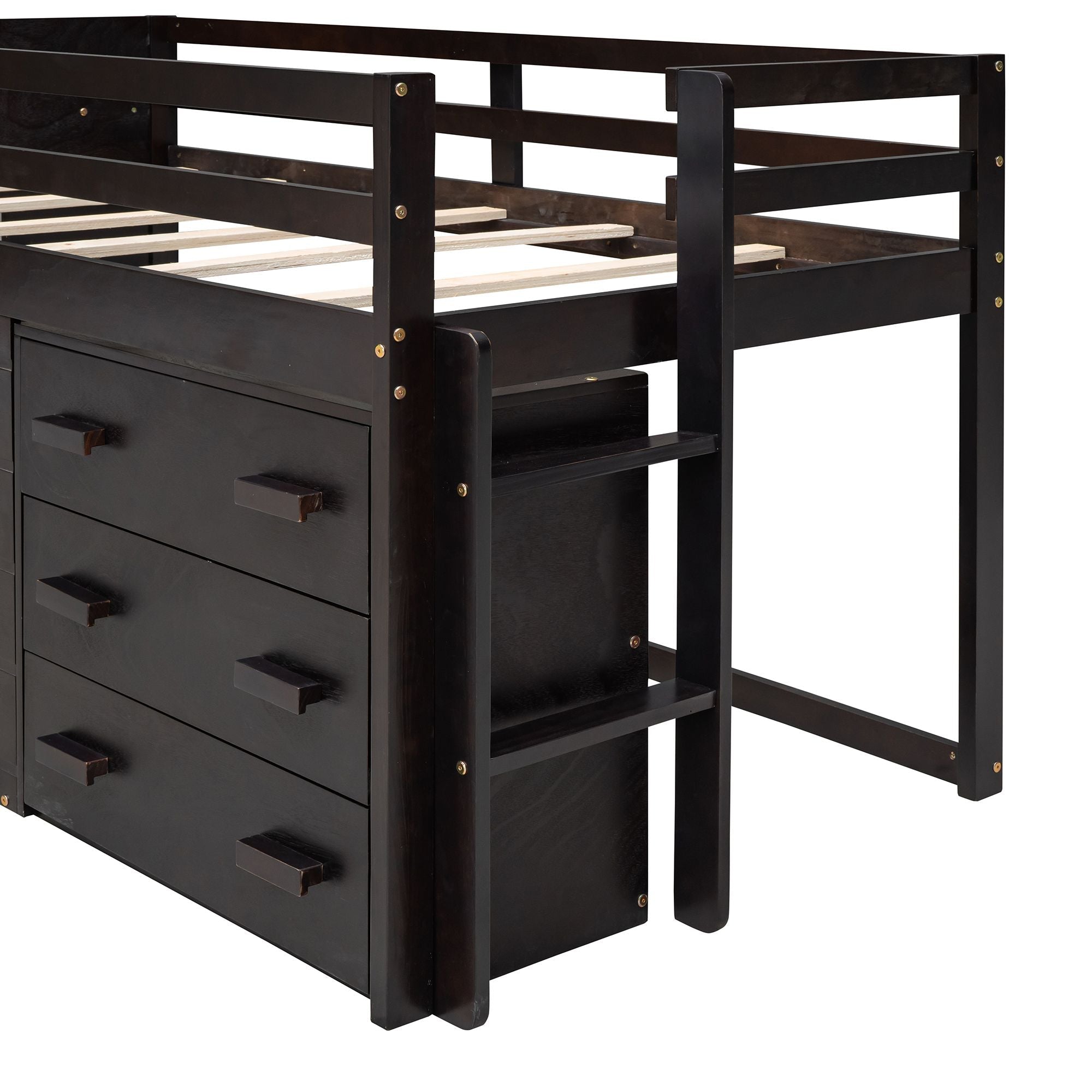 Space-Saving Twin Wood Loft Bed with Cabinet and Shelf, White Gray Espresso | Just Better Bunk Beds