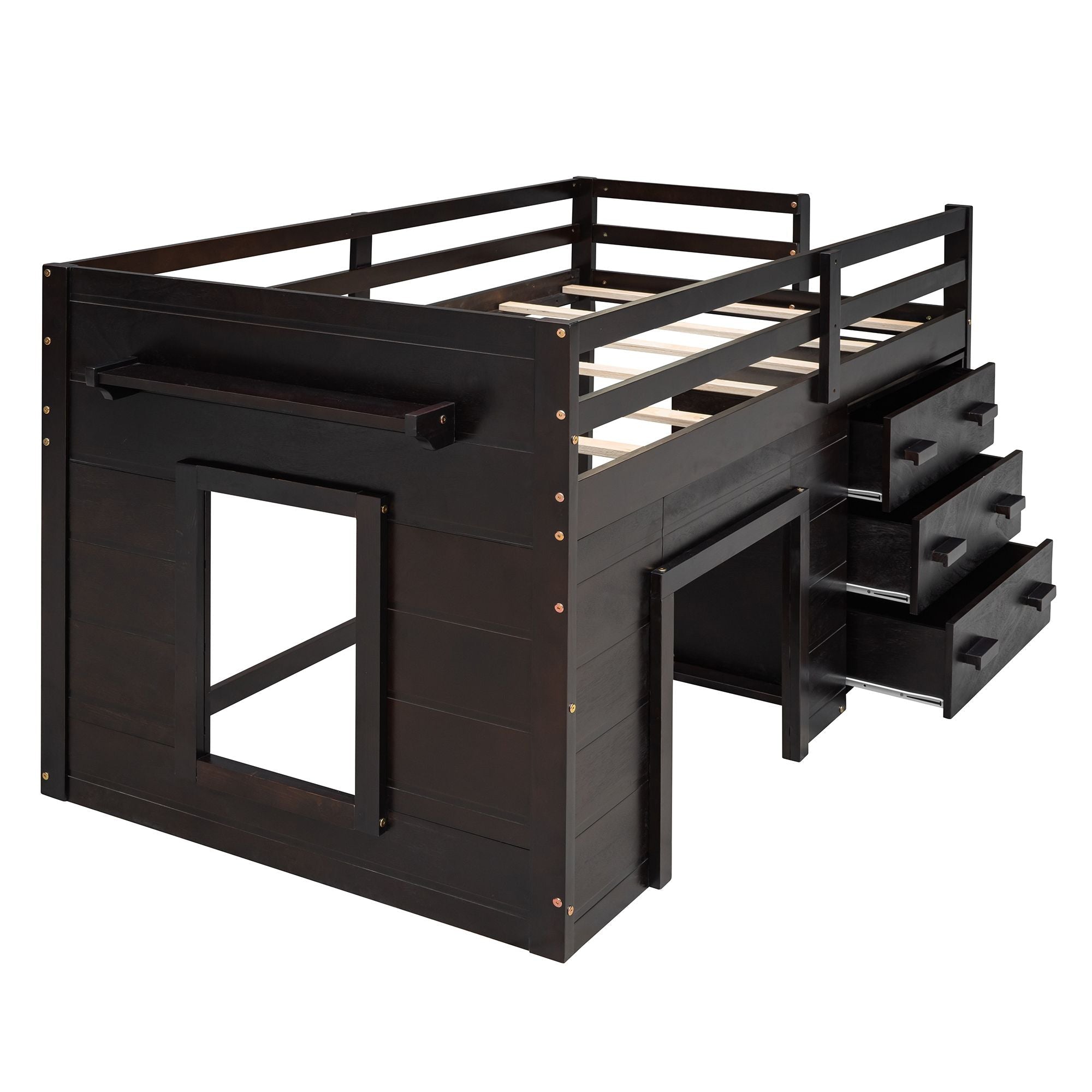 Space-Saving Twin Wood Loft Bed with Cabinet and Shelf, White Gray Espresso | Just Better Bunk Beds