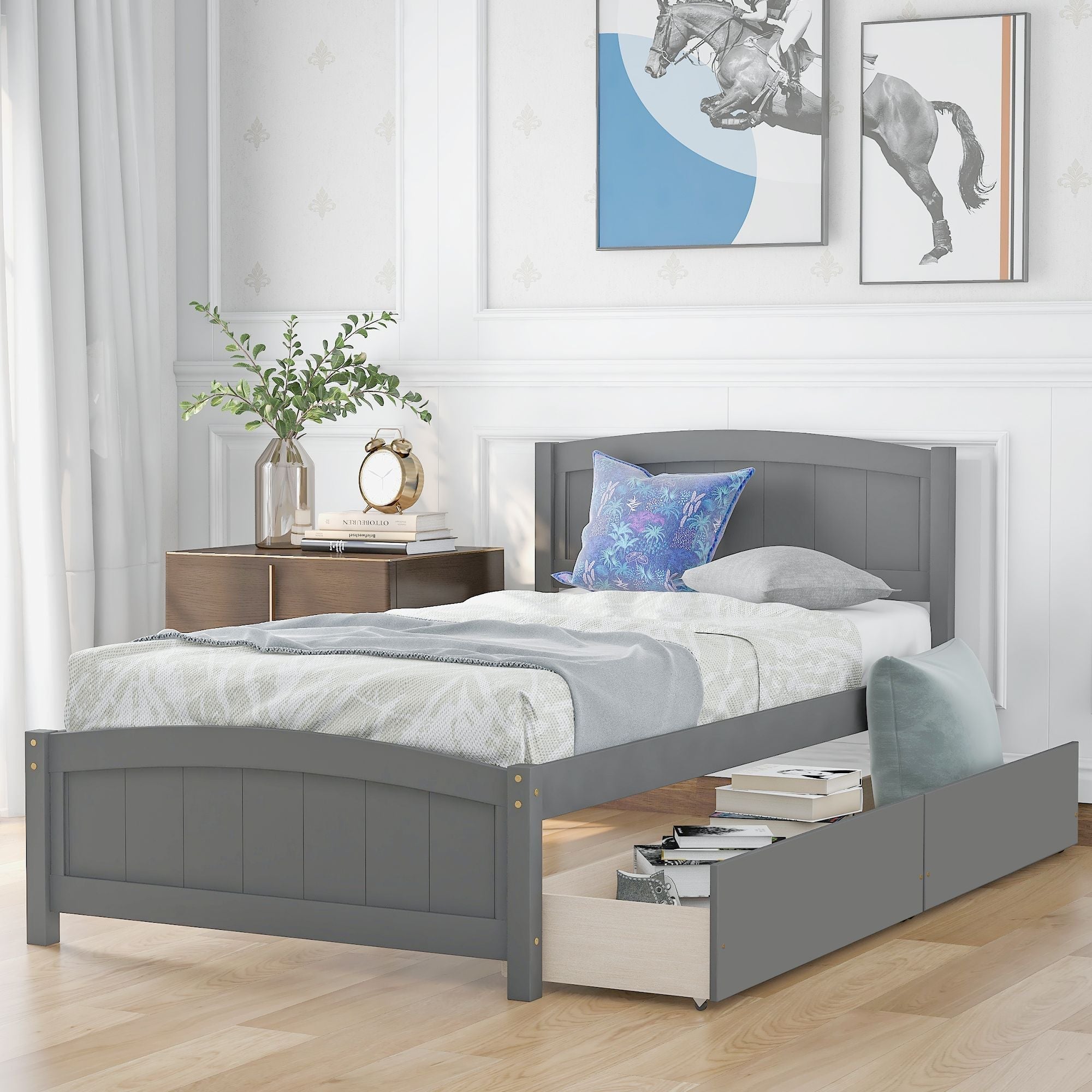 Space-Saving Twin Wood Platform Bed with Two Storage Drawers, White, Espresso, or Gray | Just Better Bunk Beds