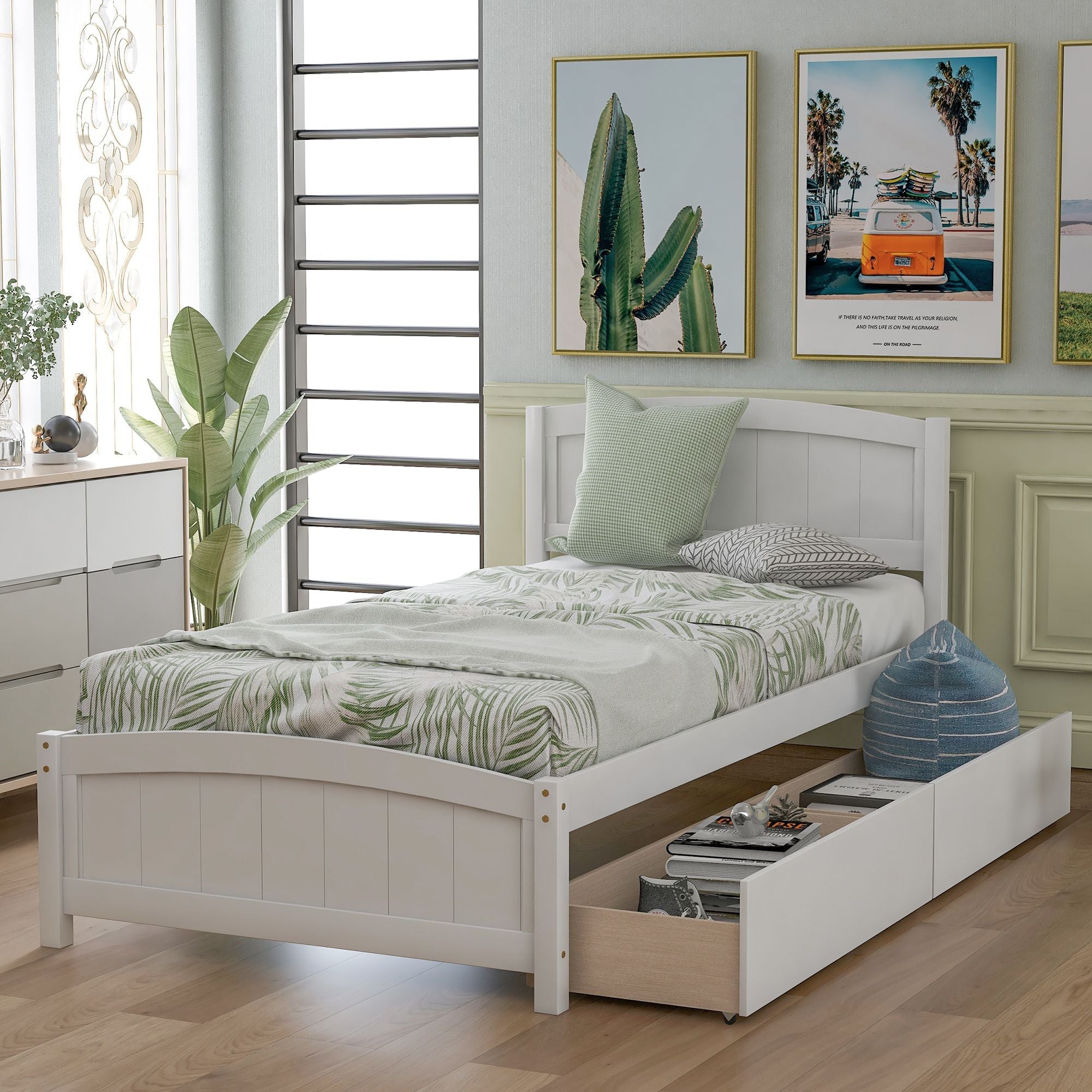 Space-Saving Twin Wood Platform Bed with Two Storage Drawers, White, Espresso, or Gray | Just Better Bunk Beds