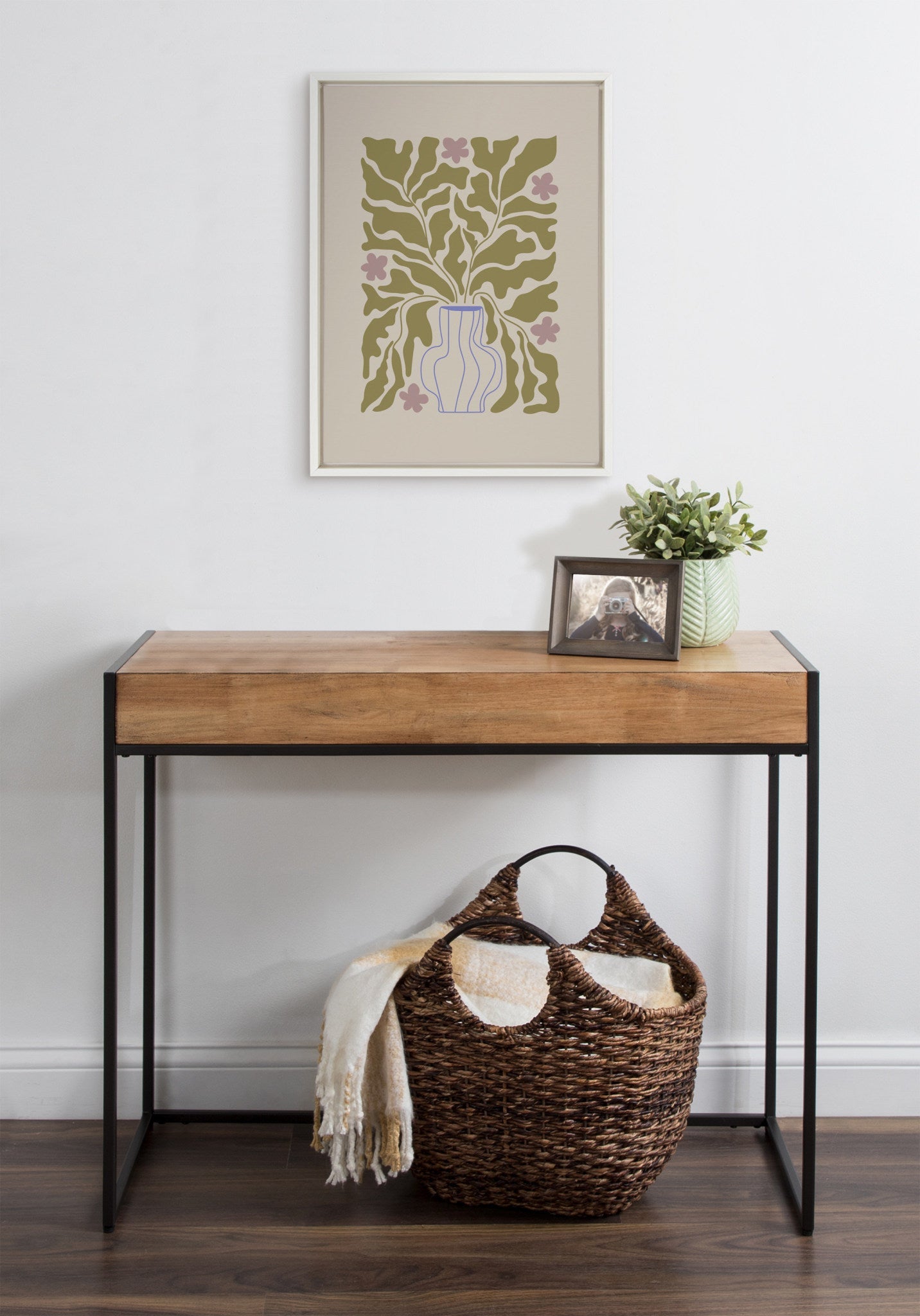 Sylvie Colorful Abstract Retro Floral Blue Vase Framed Canvas by The Creative Bunch Studio