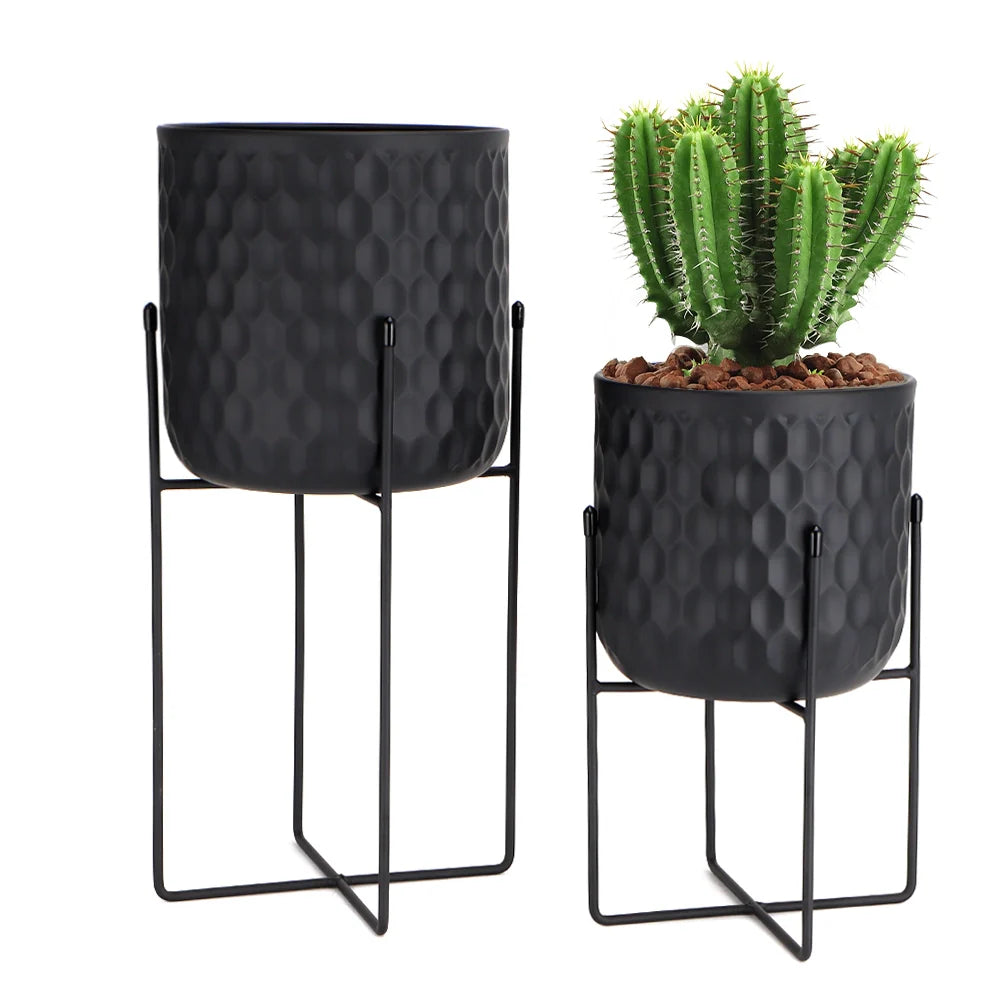Set of 2 12"&18" H Tall Metal Flower Pot With Stand (Black)