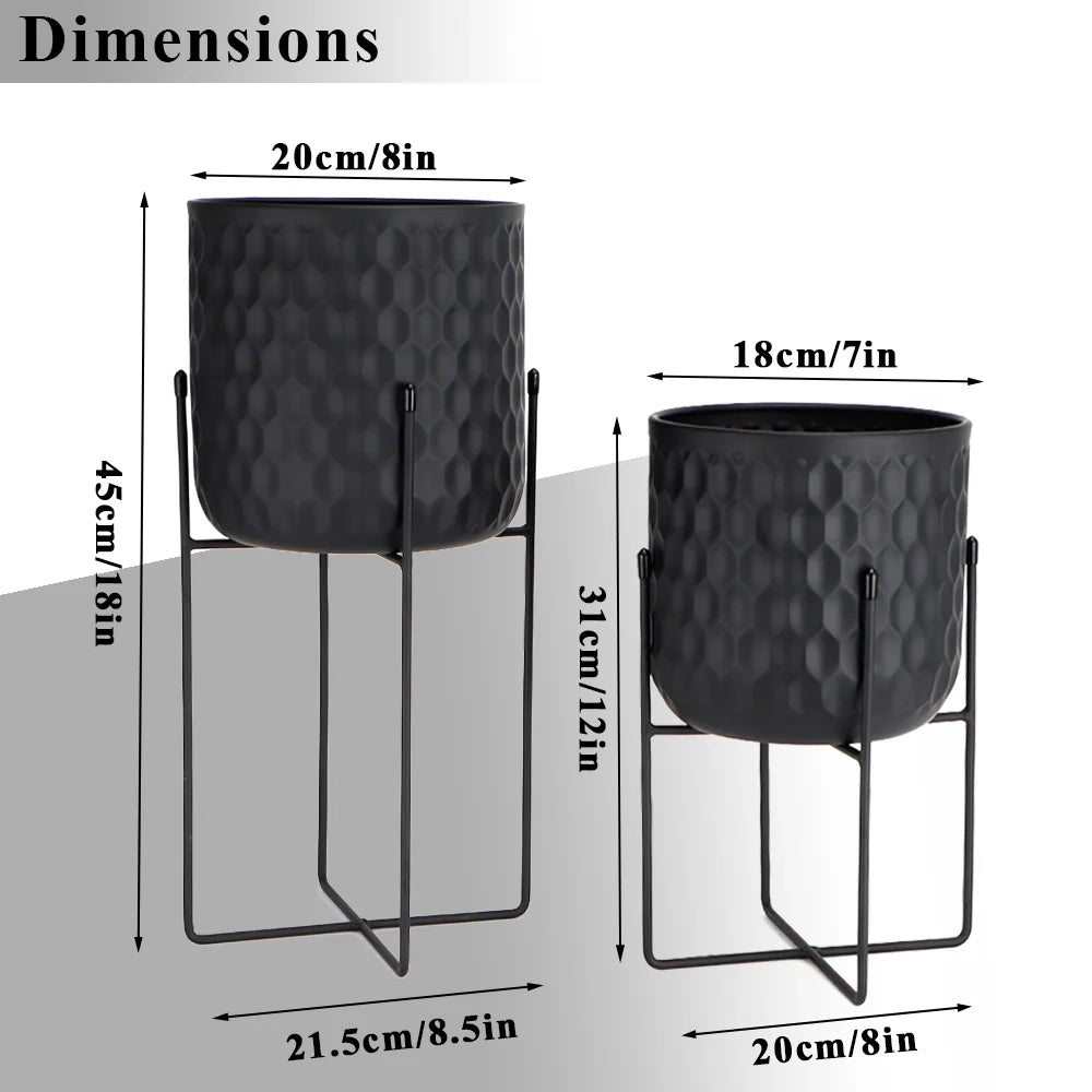 Set of 2 12"&18" H Tall Metal Flower Pot With Stand (Black)