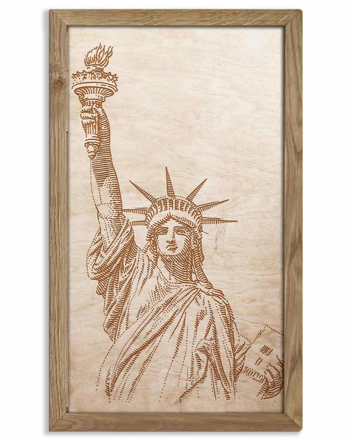 Wooden picture of Statue of Liberty, in an oak frame-0