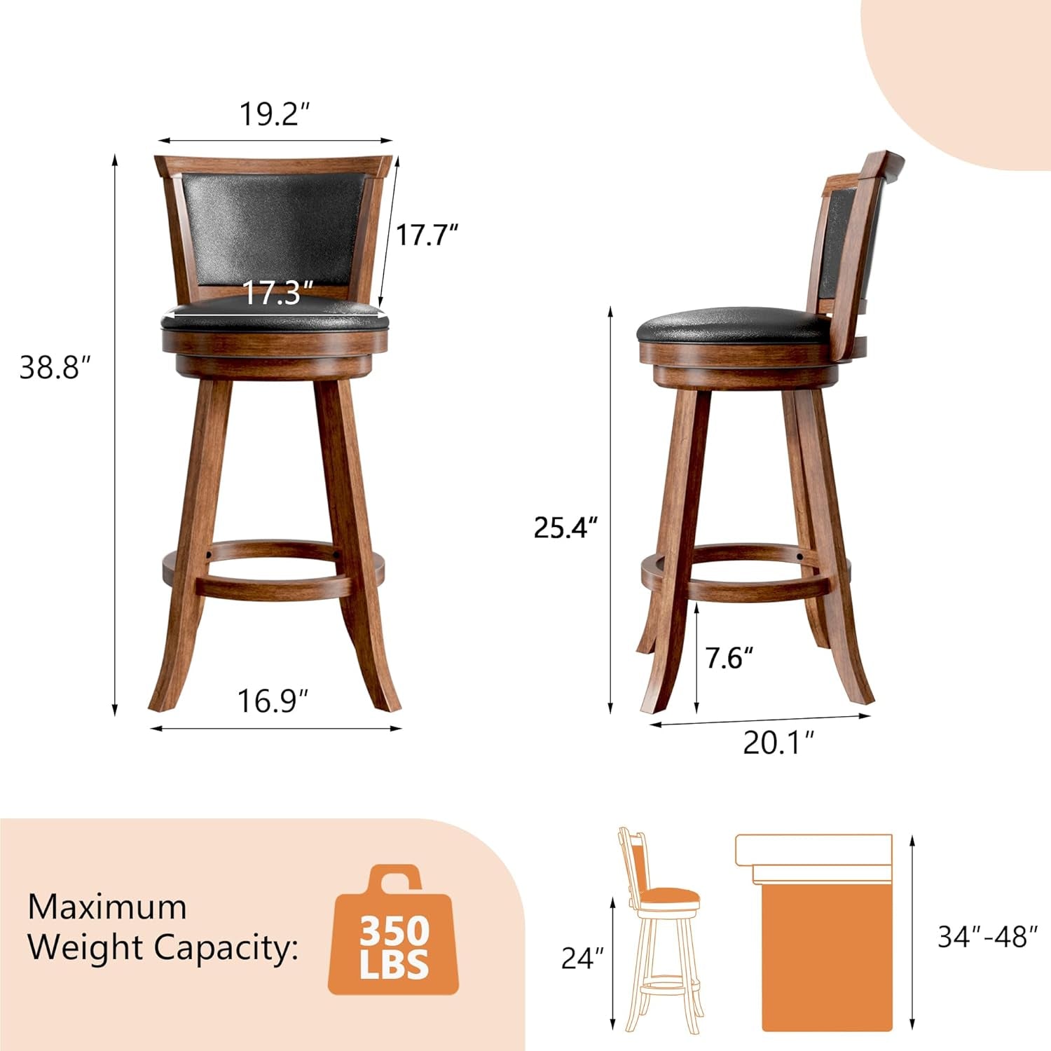 Brown 24 Inch Counter Height Swivel Bar Stools Set Of 2