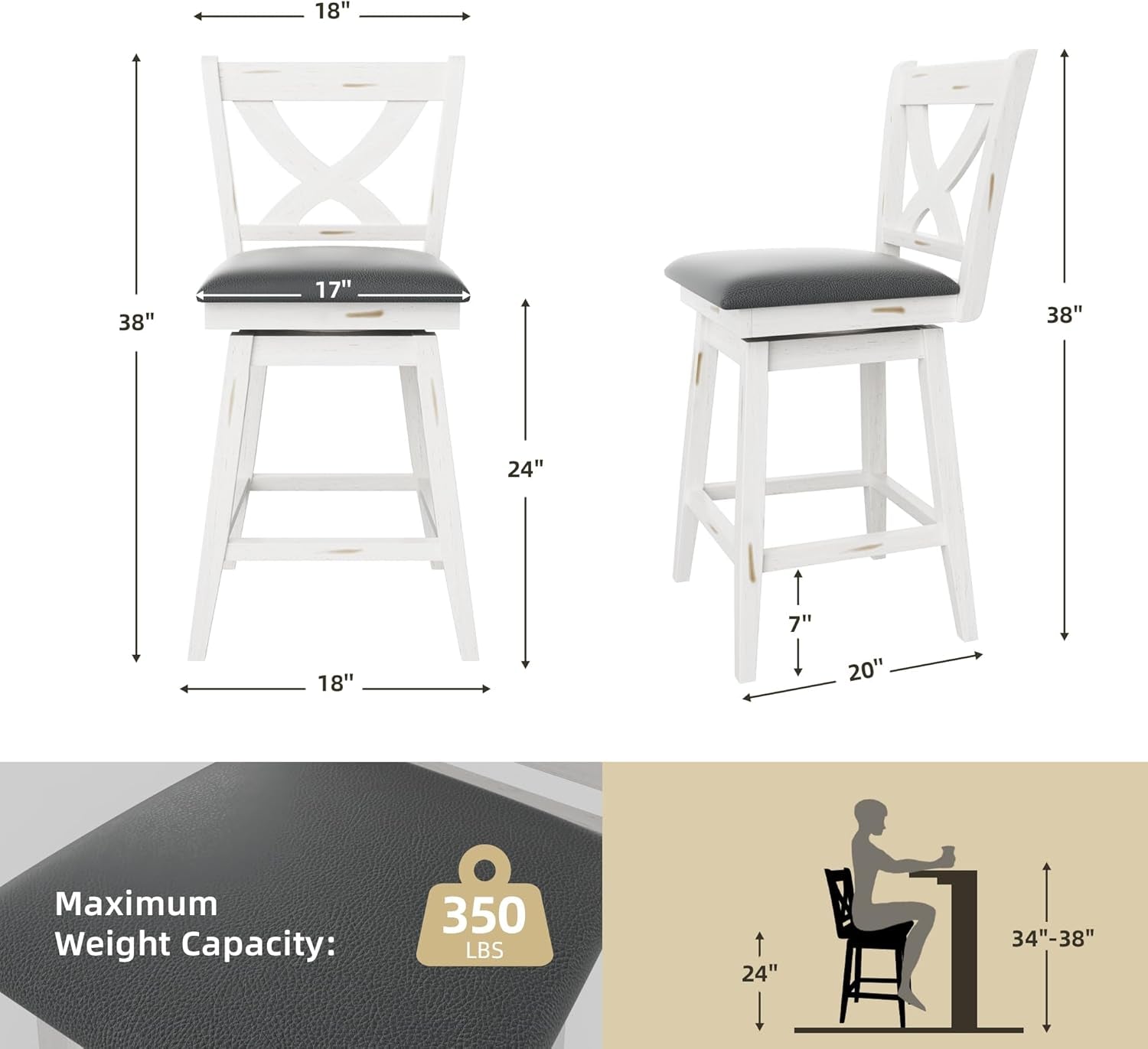 Antique White 24 Inch Swivel Bar Stools Set Of Two