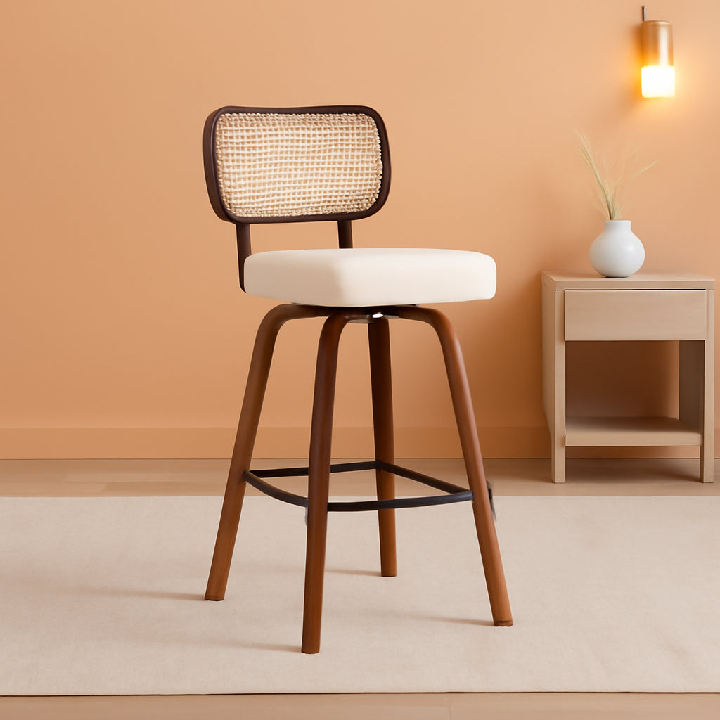 Swivel Counter Height Bar Stools Set of 4 Cream Upholstered Rattan Back