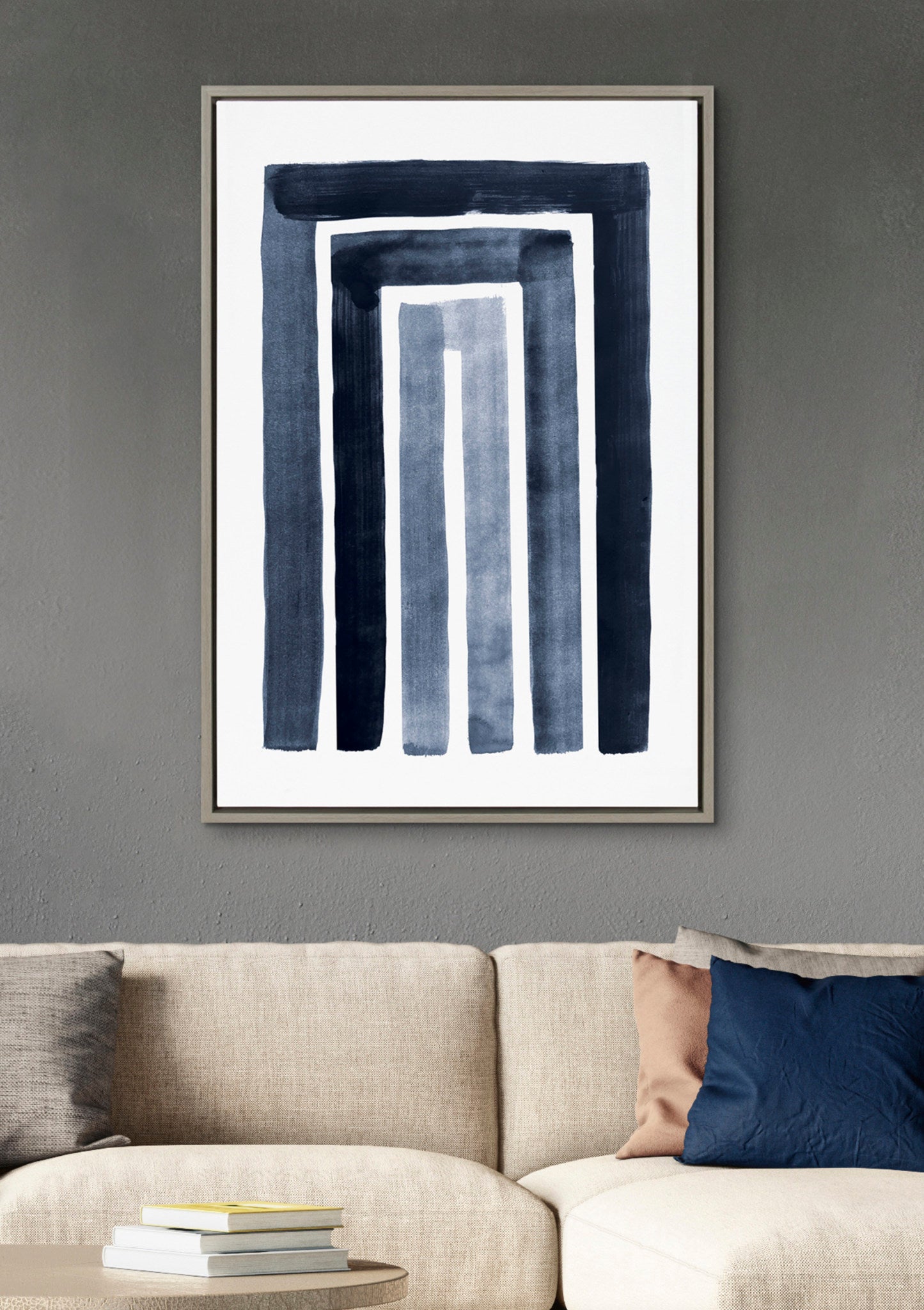 Sylvie MCM Abstract Rainbow Indigo Framed Canvas by The Creative Bunch Studio