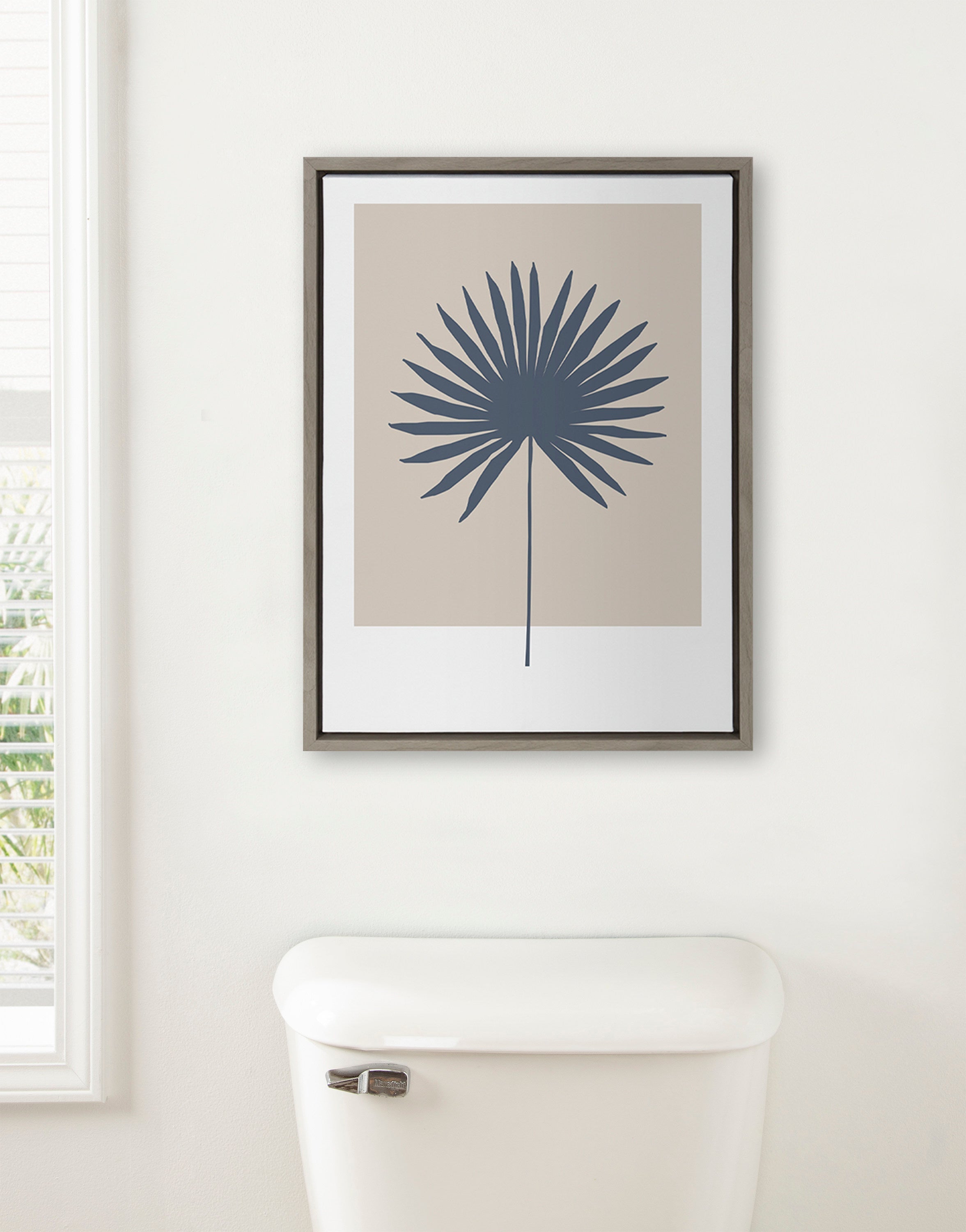 Sylvie Muted Tan and Blue Colorblock Botanical Palm Framed Canvas by The Creative Bunch Studio