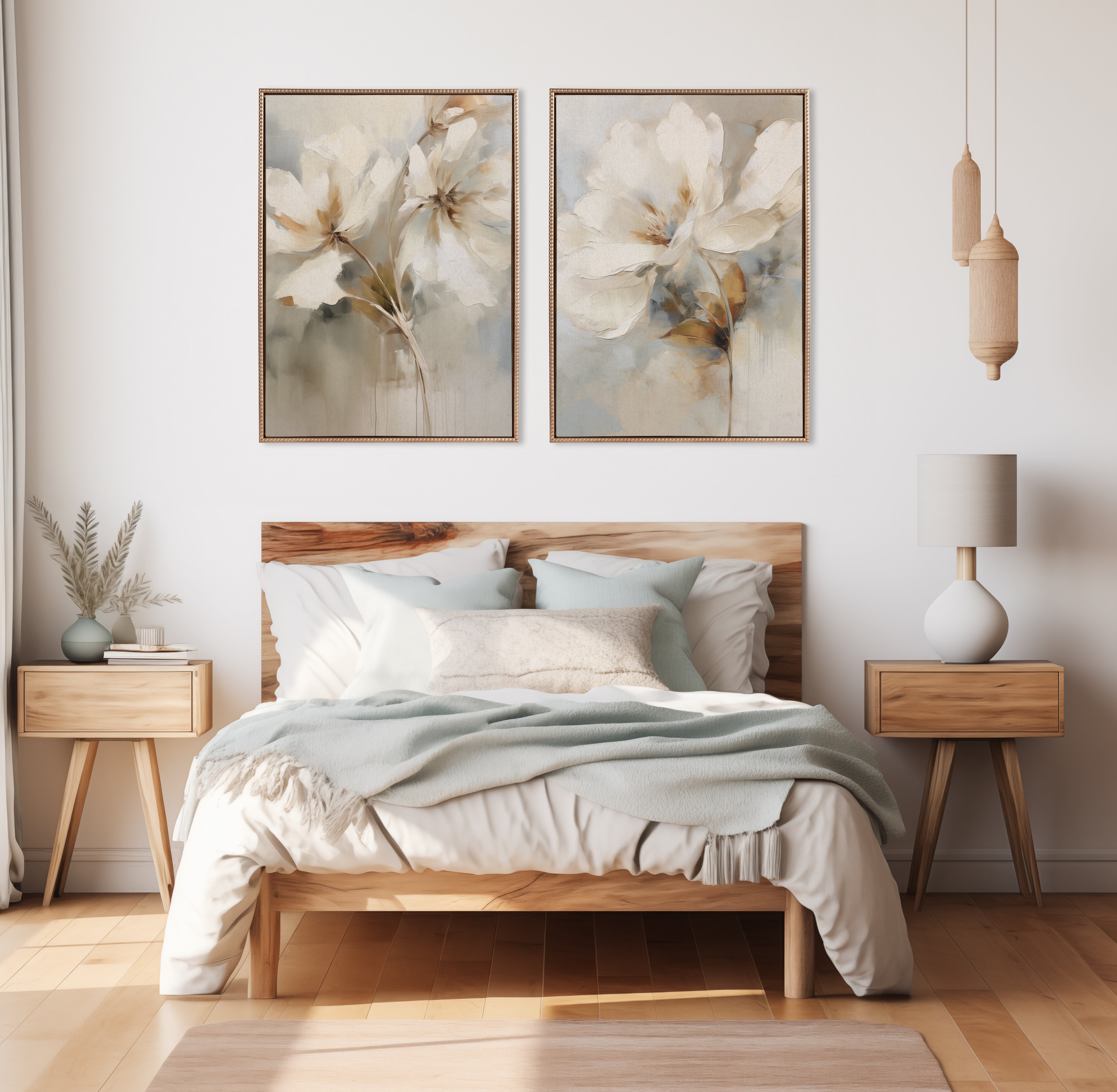 Sylvie Beaded Abstract Botanical Floral Linen Painting 1 and 2 Framed Canvas Art Set by The Creative Bunch Studio