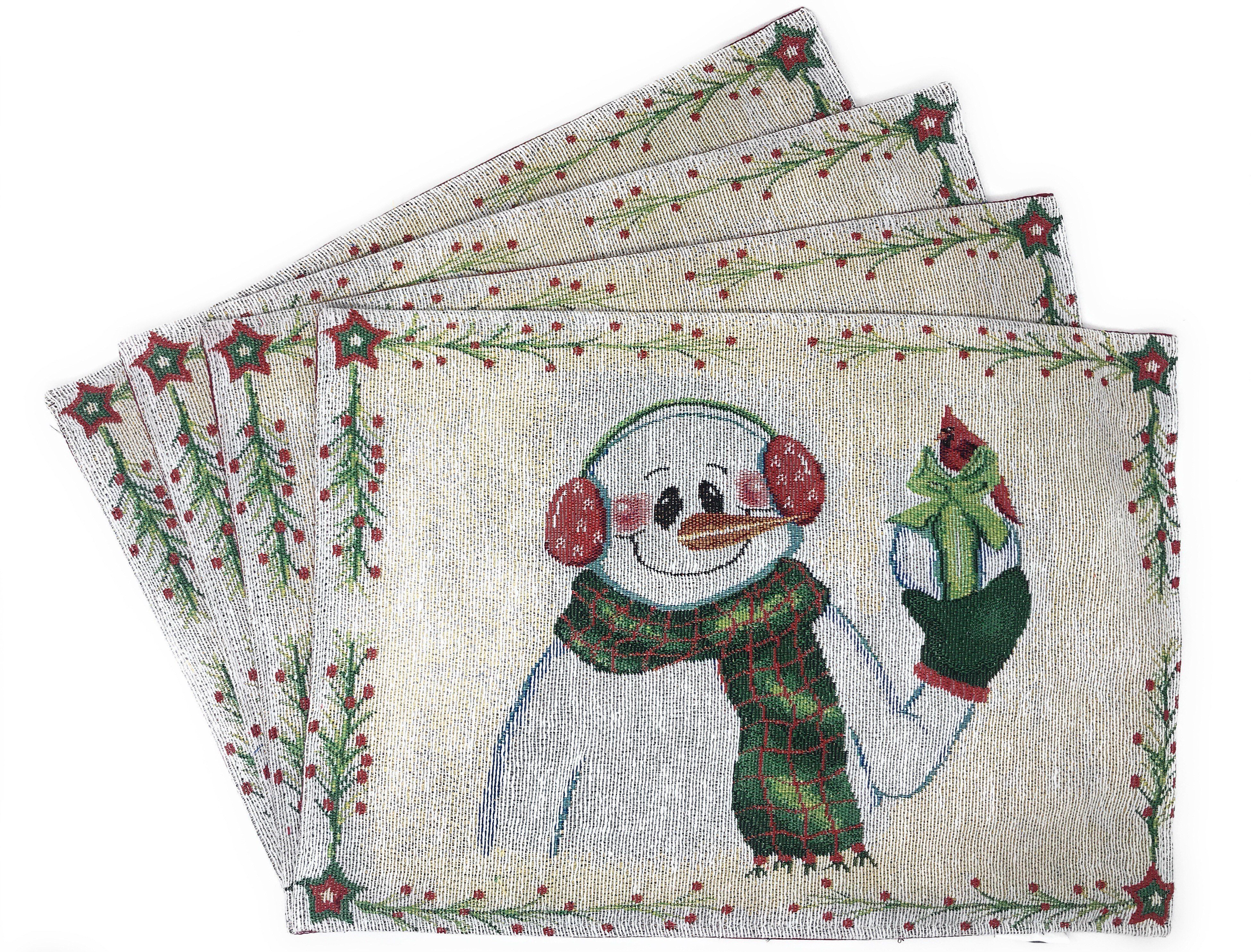 DaDa Bedding Set of 8 Pieces Magical Snowman Holiday Table Tapestry - 4 Placemats, 2 Table Runners, 2 Throw Pillow Covers (9733)