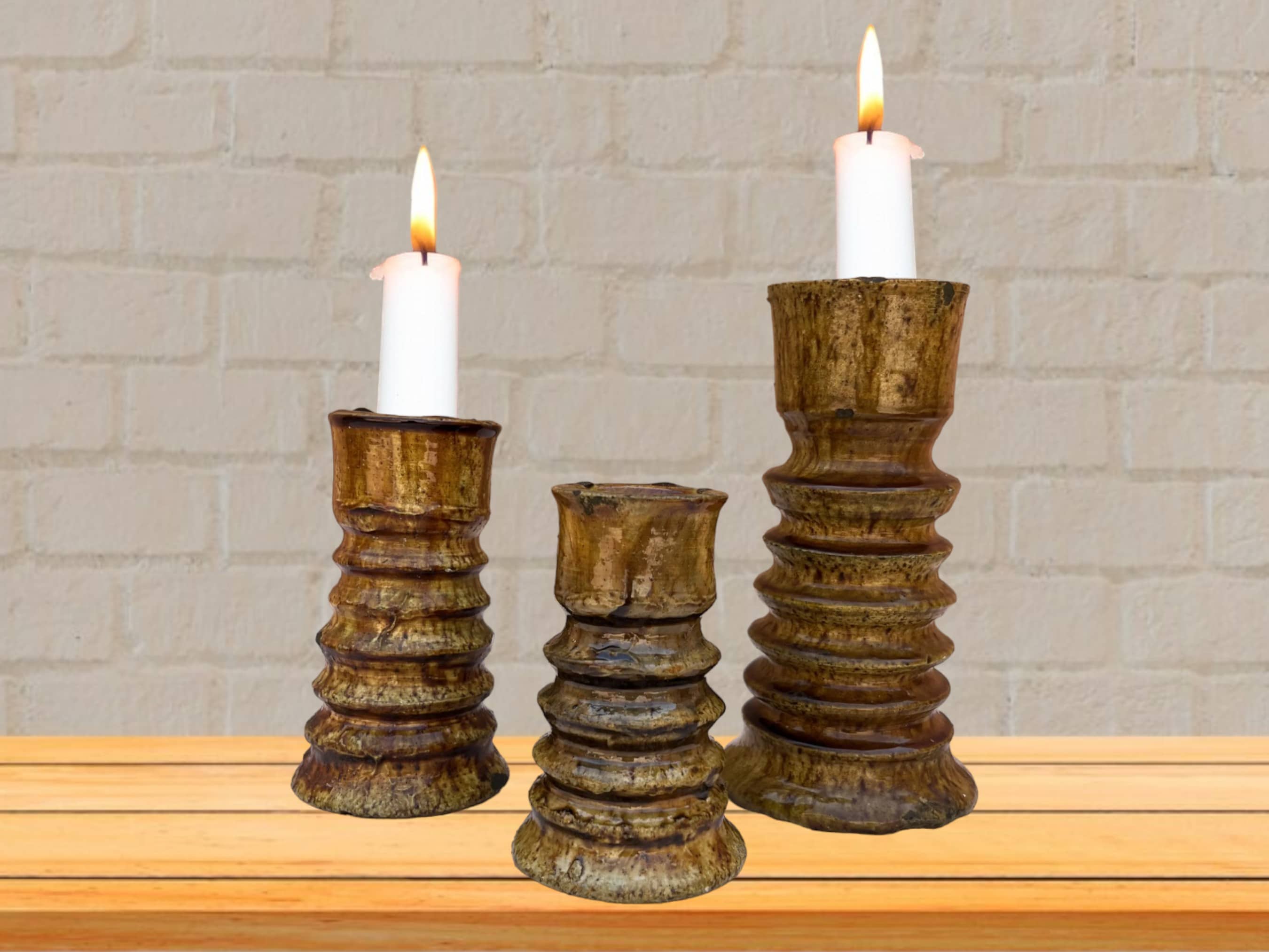 Handmade Moroccan Vintage Tamegroute Ochre Twist Candlestick Holders: Set of 3 Ceramic Glazed Pottery-0