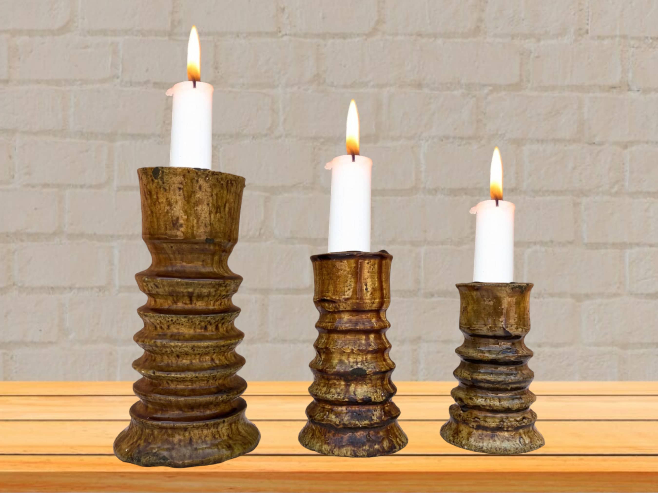 Handmade Moroccan Vintage Tamegroute Ochre Twist Candlestick Holders: Set of 3 Ceramic Glazed Pottery-1