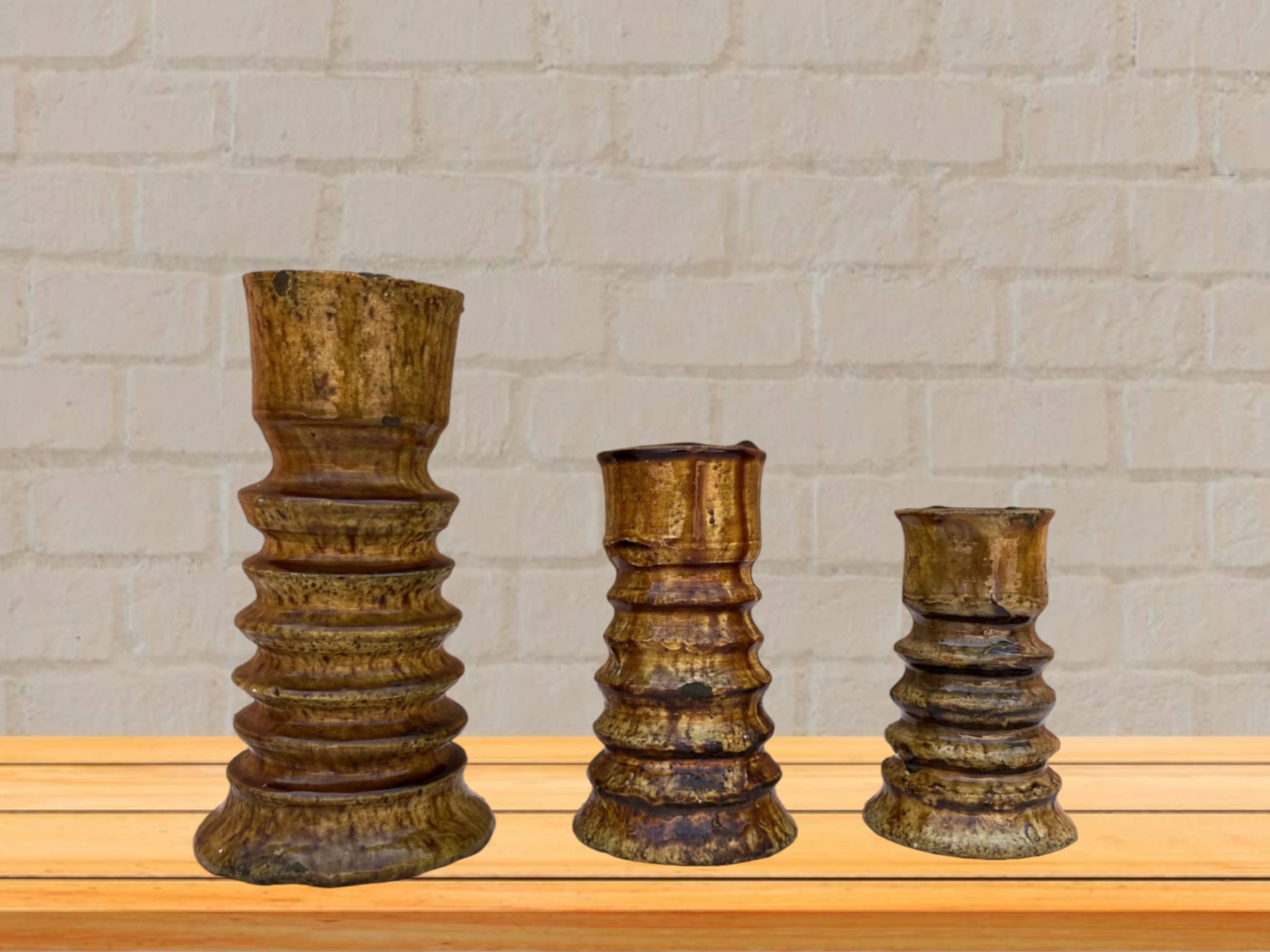 Handmade Moroccan Vintage Tamegroute Ochre Twist Candlestick Holders: Set of 3 Ceramic Glazed Pottery-3