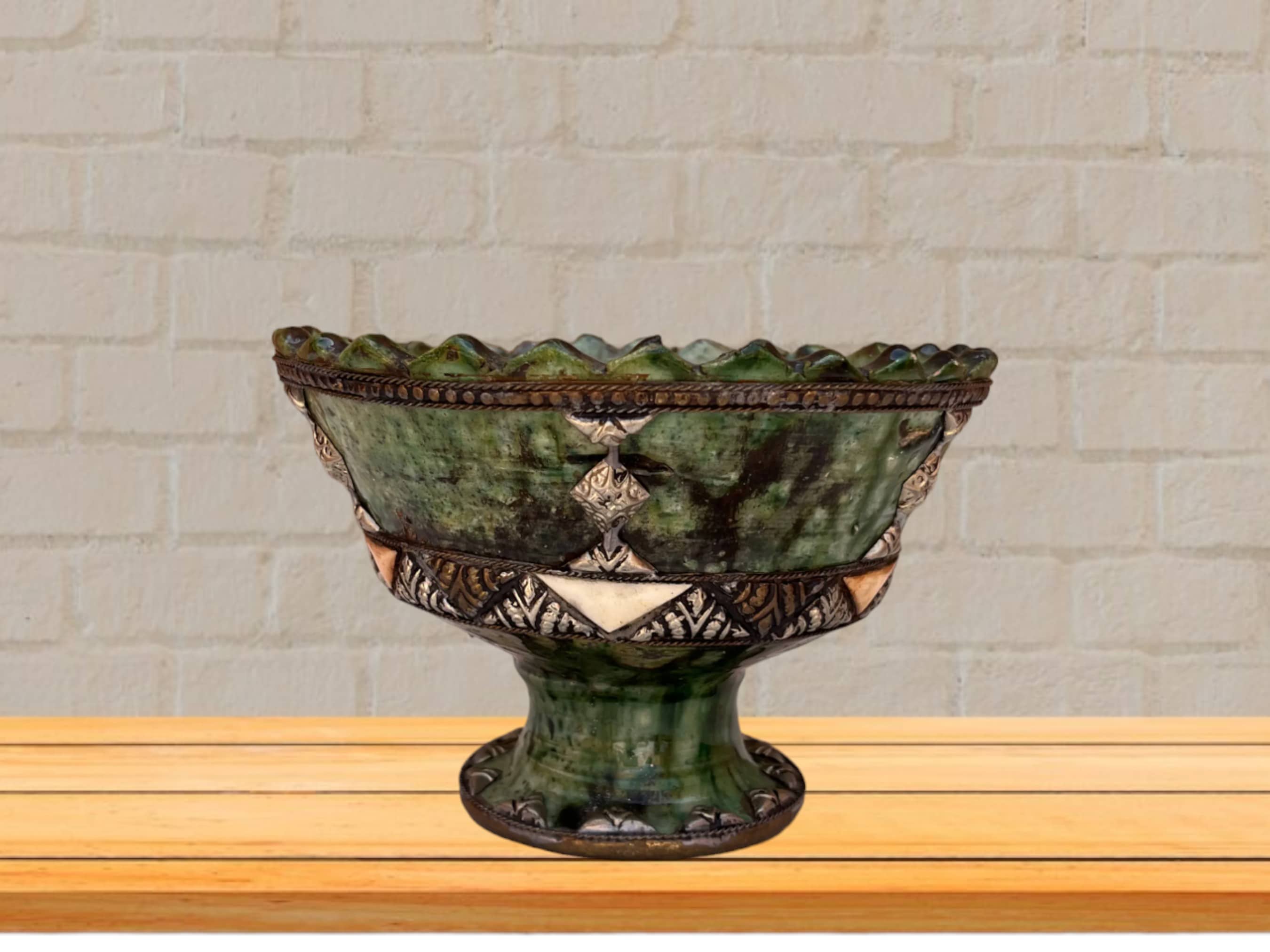 Handmade Antique Decorative Fruit Bowl, Bowl Green Glazed Pottery, Decorated with carved silver-plated copper and camel bones, Moroccan pottery-0