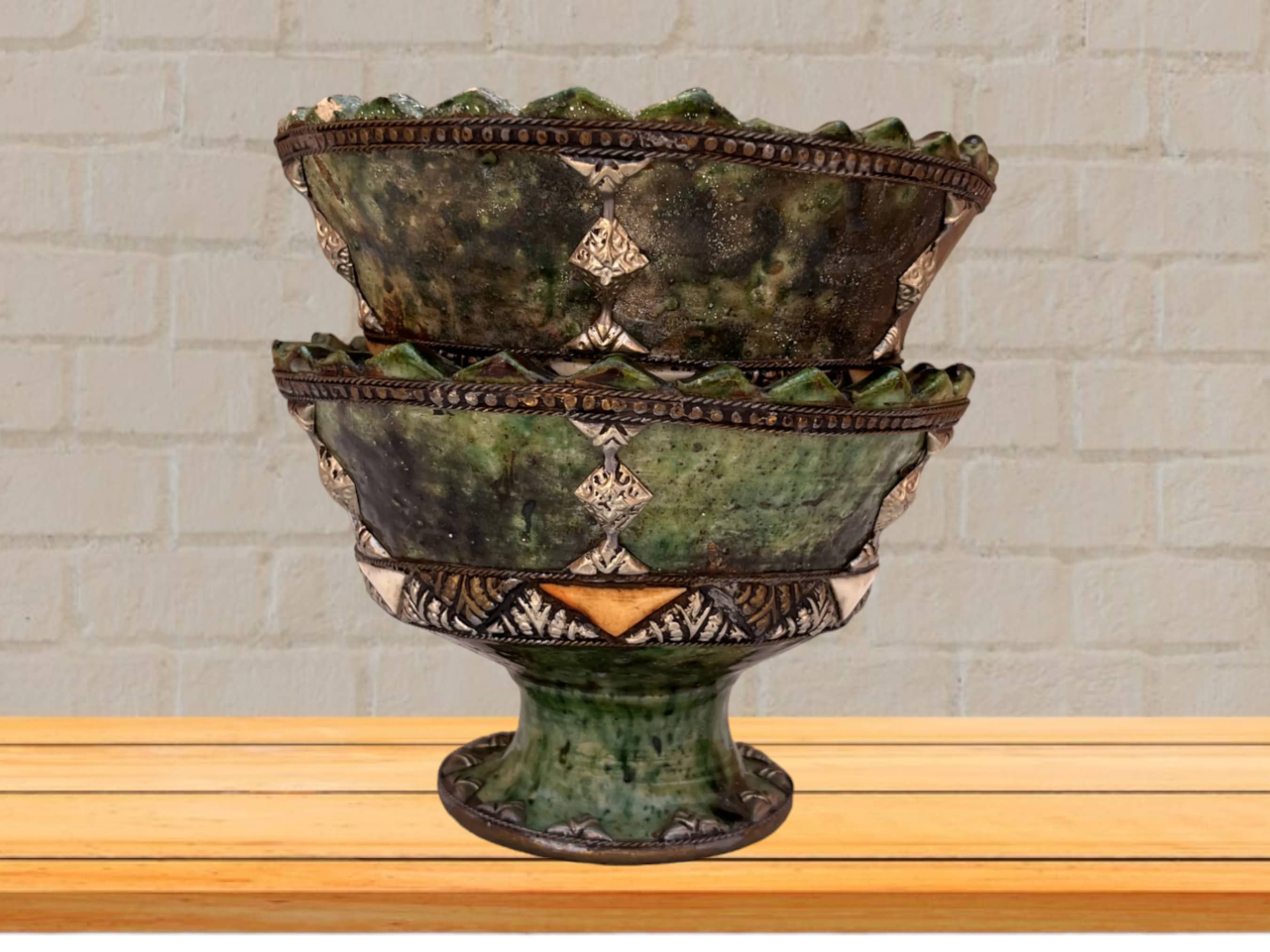 Handmade Antique Decorative Fruit Bowl, Bowl Green Glazed Pottery, Decorated with carved silver-plated copper and camel bones, Moroccan pottery-1