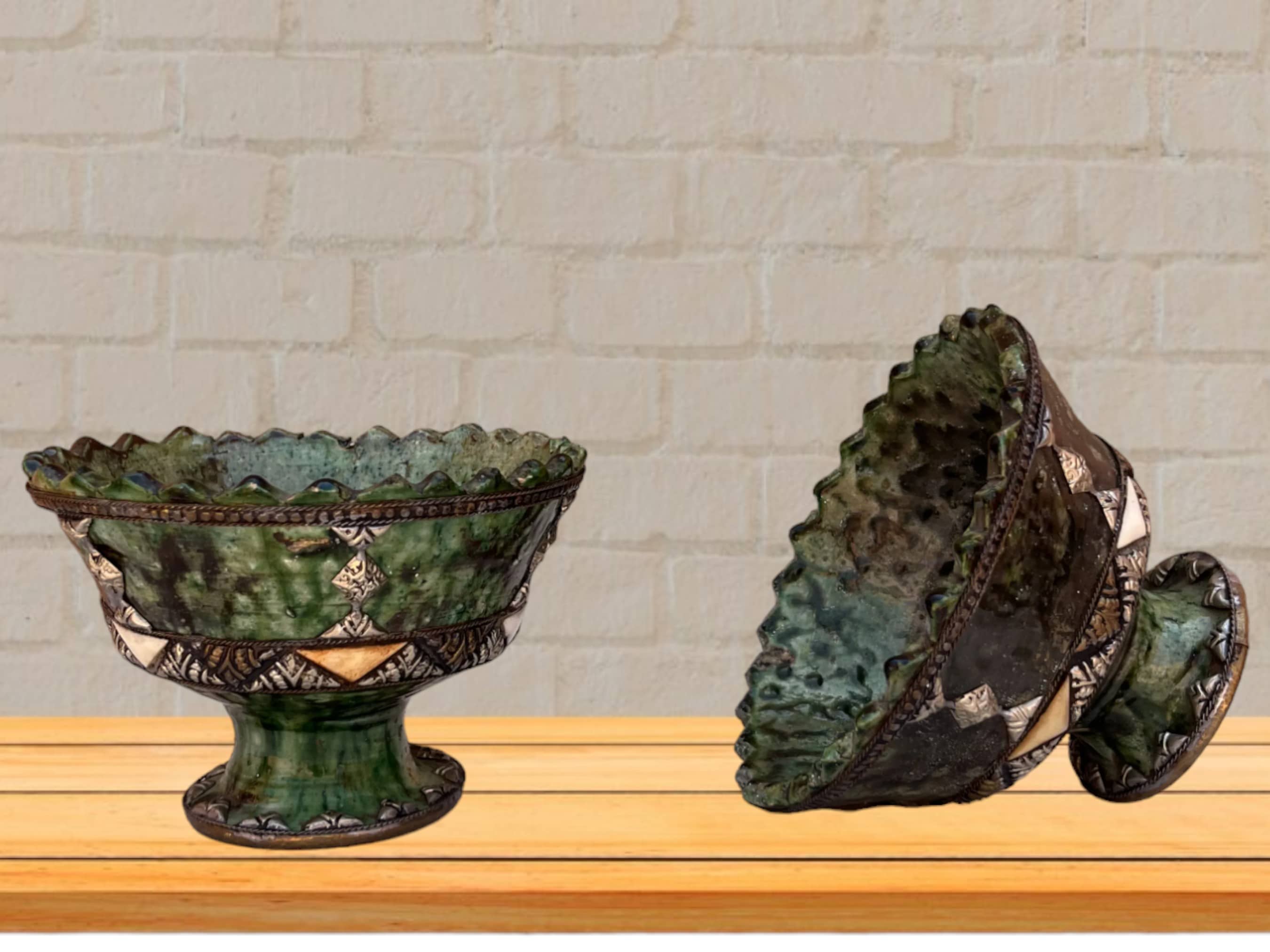 Handmade Antique Decorative Fruit Bowl, Bowl Green Glazed Pottery, Decorated with carved silver-plated copper and camel bones, Moroccan pottery-3