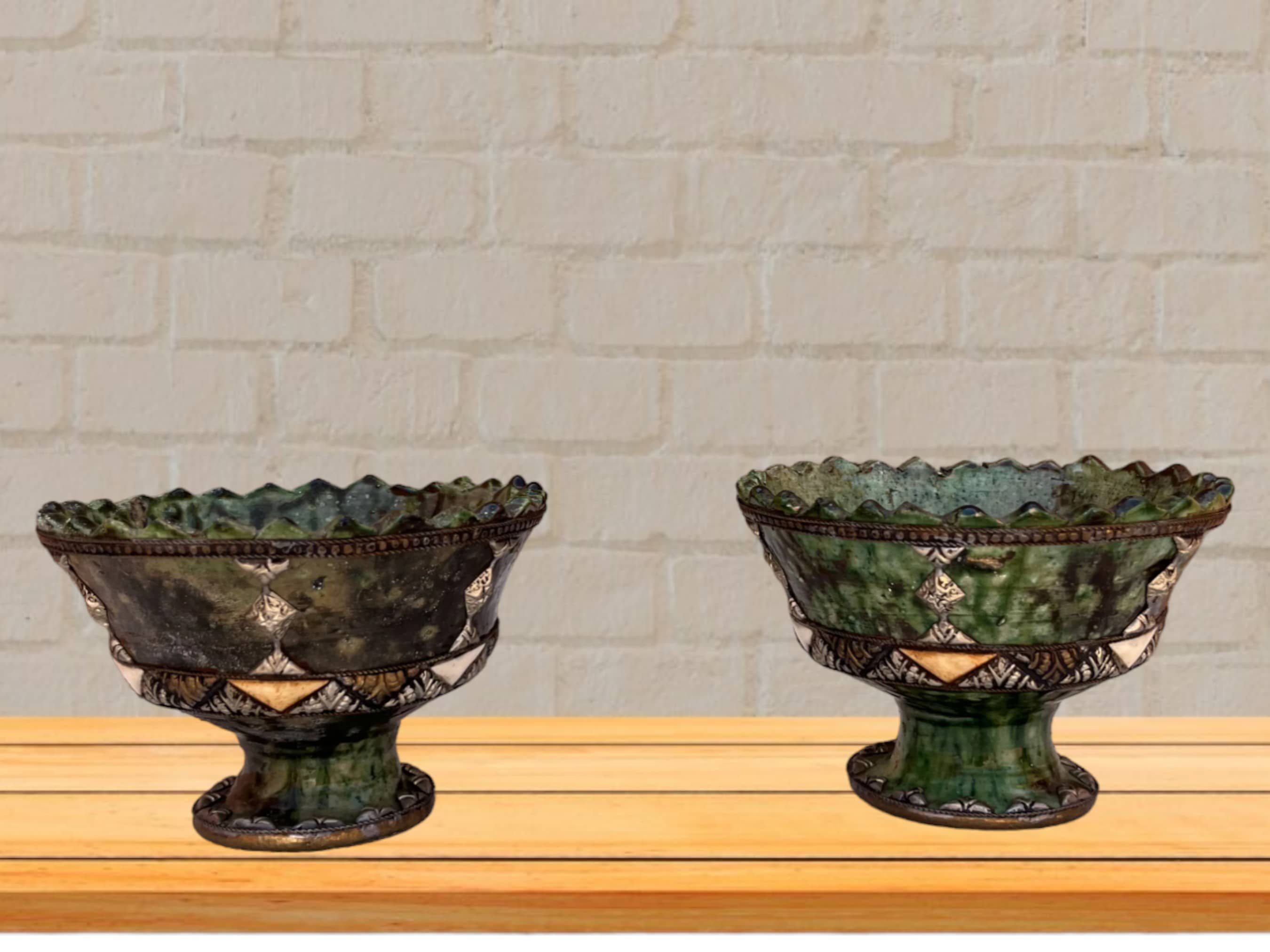 Handmade Antique Decorative Fruit Bowl, Bowl Green Glazed Pottery, Decorated with carved silver-plated copper and camel bones, Moroccan pottery-2