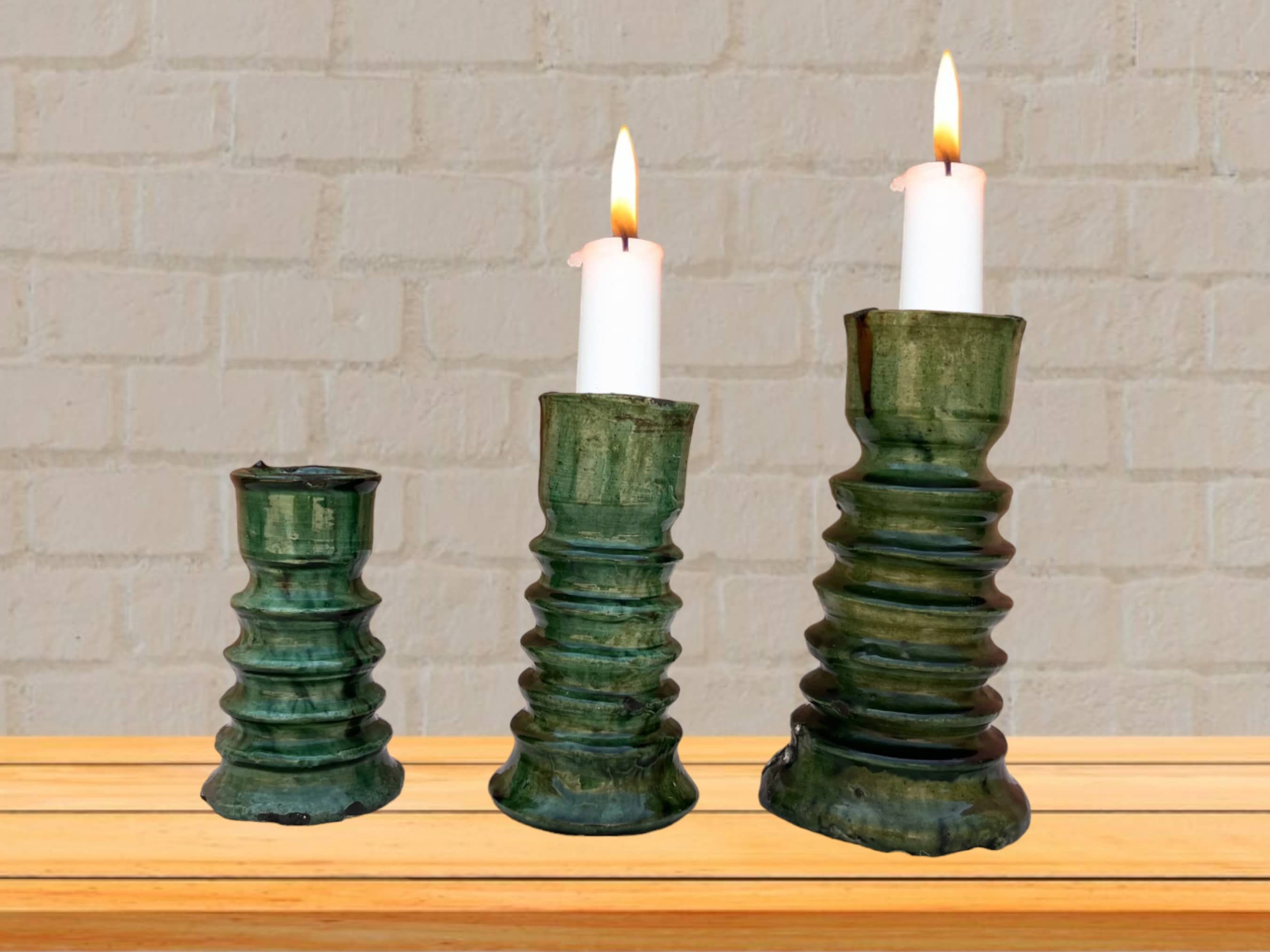 Handmade Moroccan Vintage Tamegroute Green Twist Candlestick Holders: Set of 3 Ceramic Glazed Pottery-1