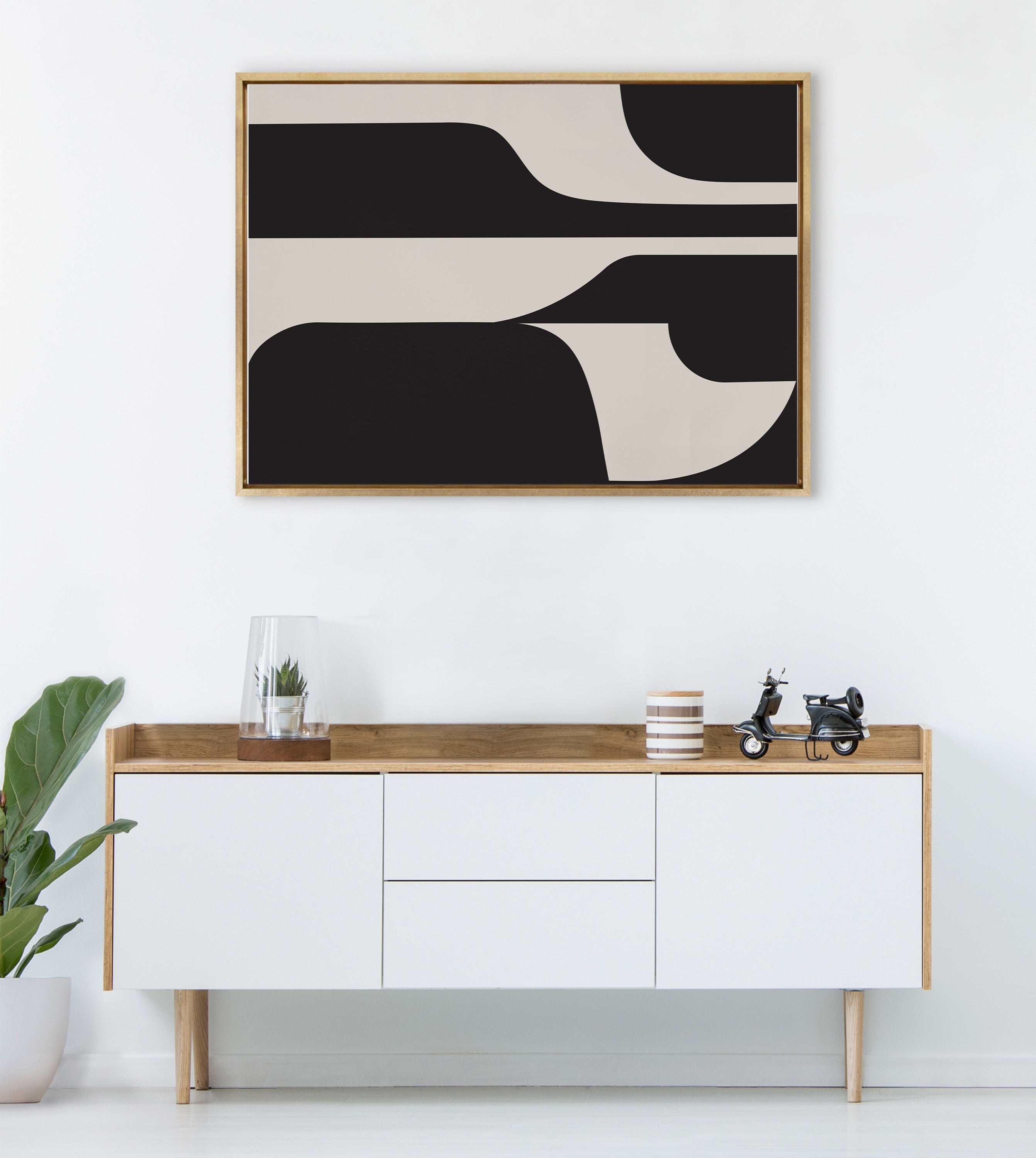 Sylvie Eye Catching Sleek Abstract 6 Black and Beige Framed Canvas by The Creative Bunch Studio