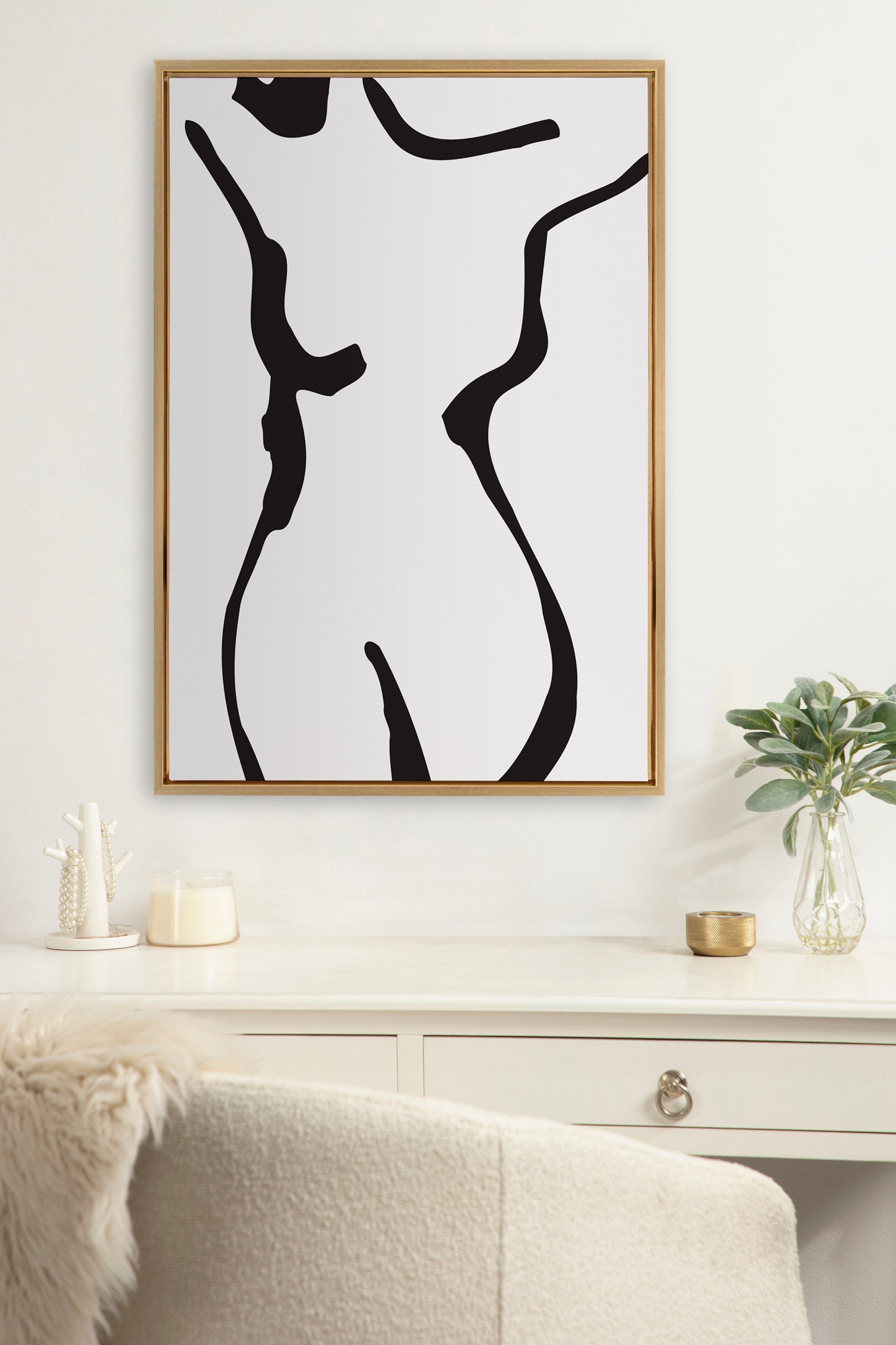 Sylvie Timeless Feminine Figural Drawing 1 Black and White Framed Canvas by The Creative Bunch Studio