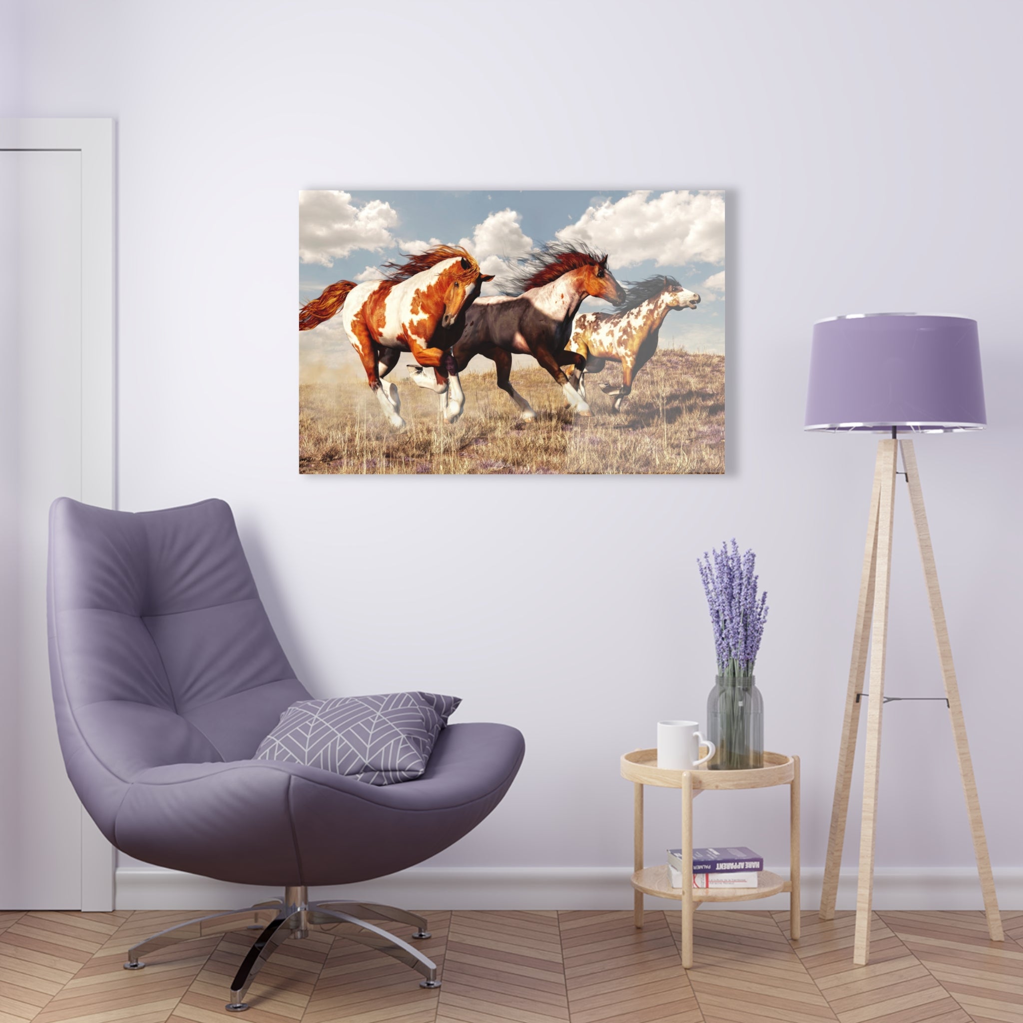 Glass wall decor, three wild paint horses