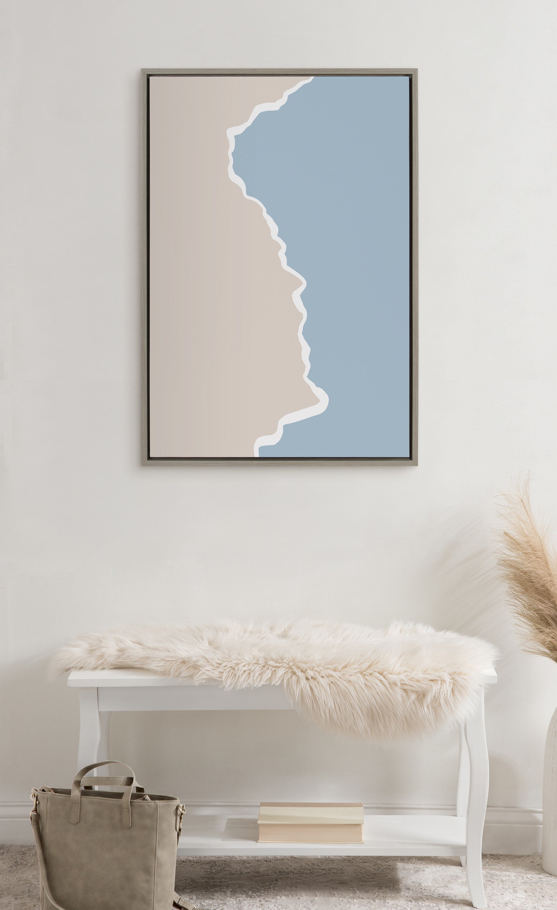 Sylvie Muted Abstract Landscape Beige and Blue Framed Canvas by The Creative Bunch Studio