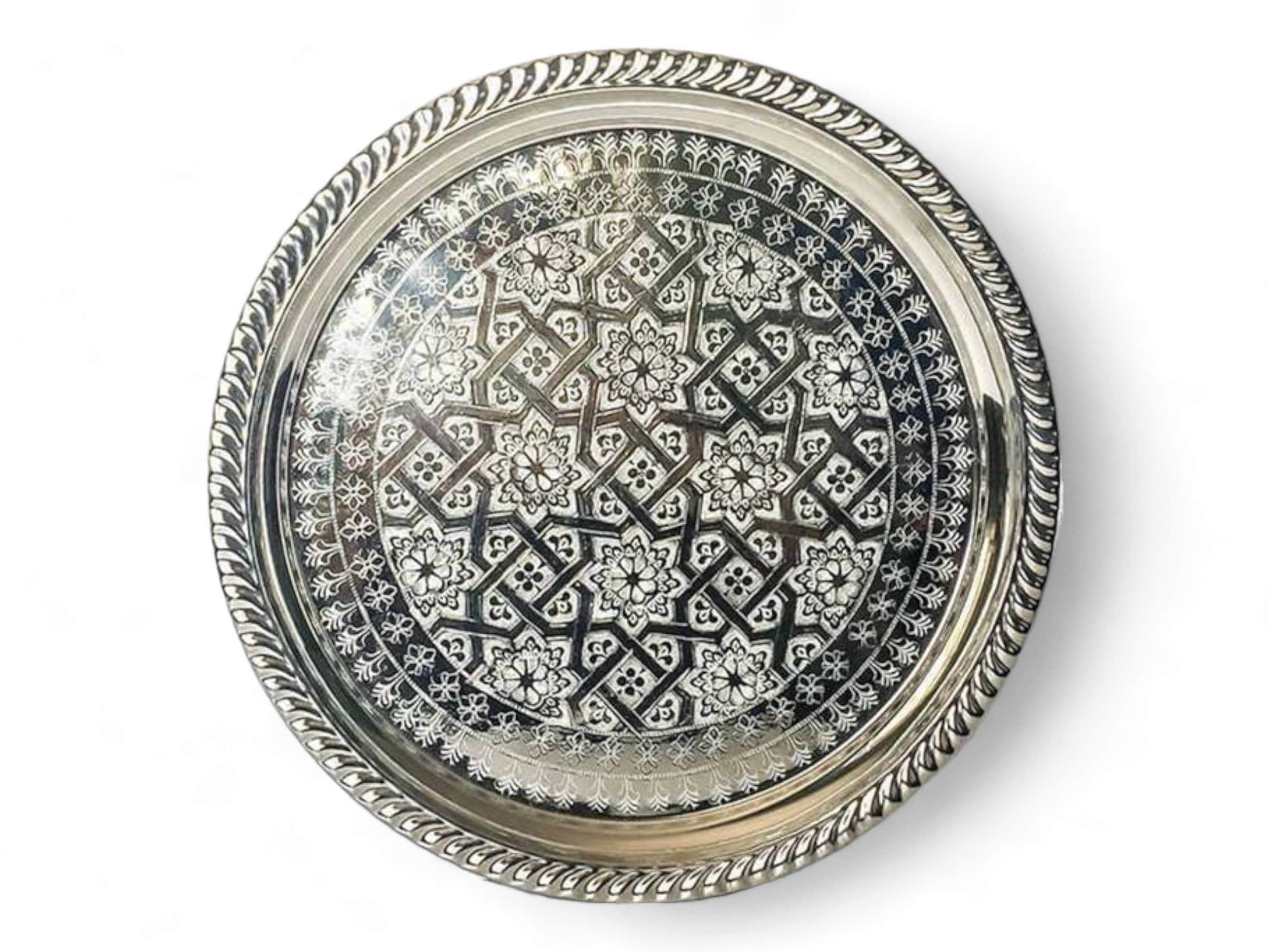 Handcrafted Silver-Plated Moroccan Brass Serving Tray-1