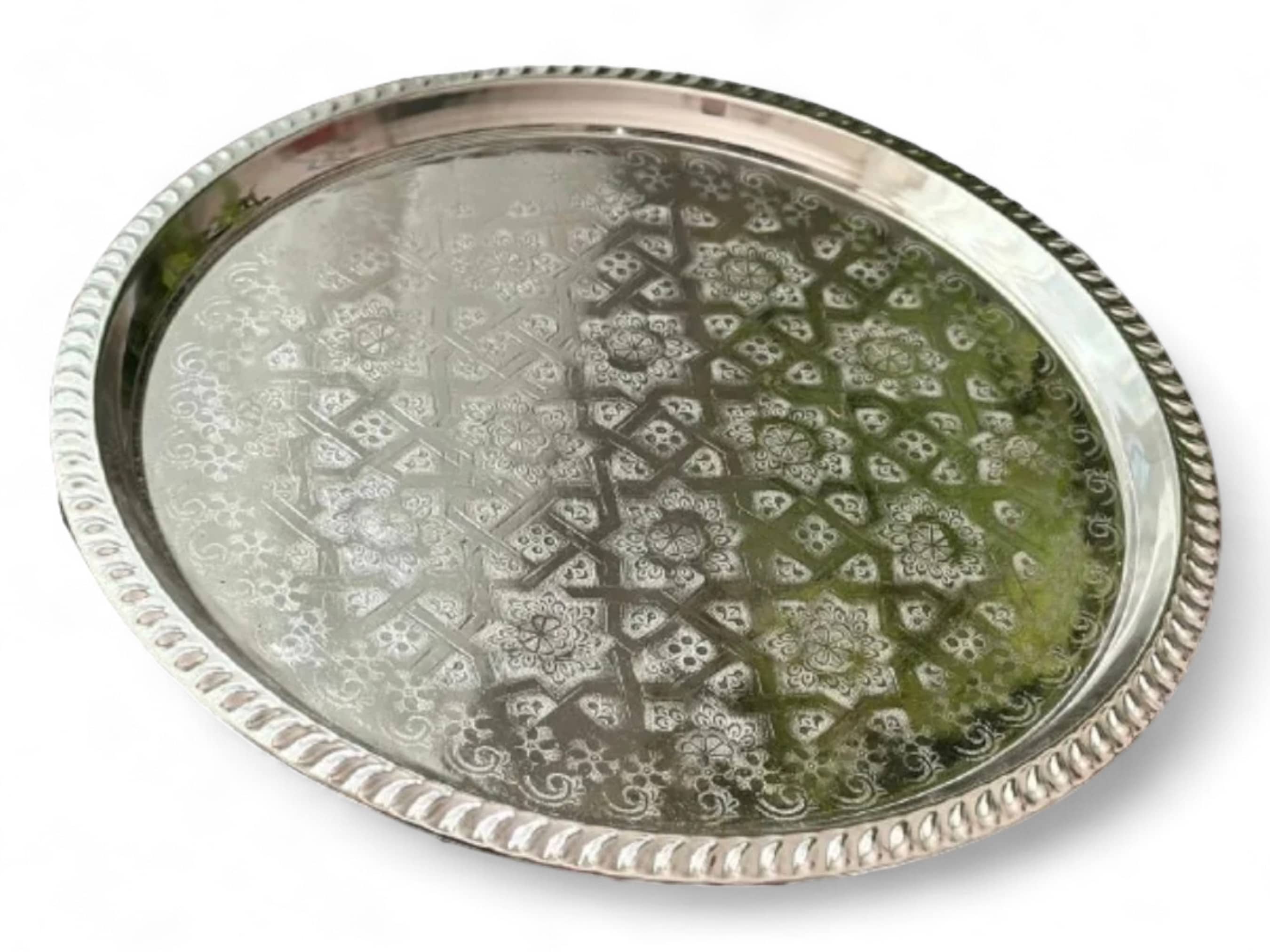 Handcrafted Silver-Plated Moroccan Brass Serving Tray-2