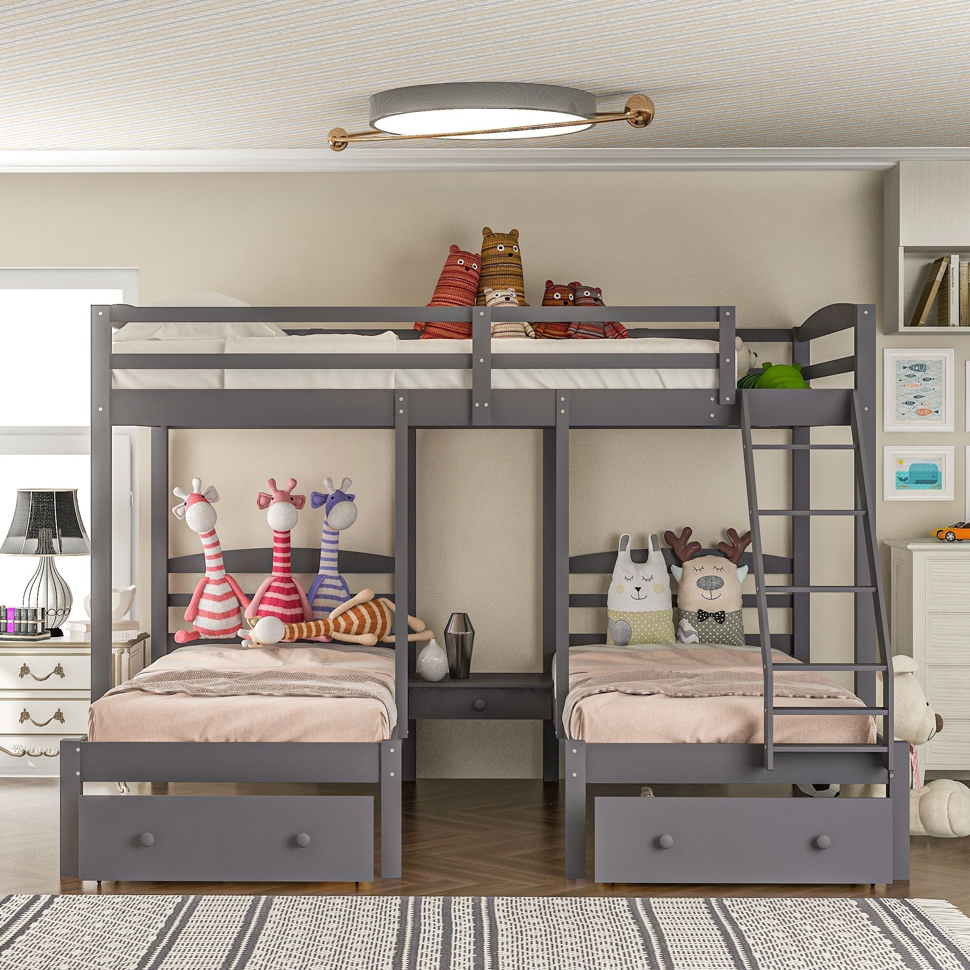 Triple Bunk Bed for Shared Kids Rooms Full Over Twin Over Twin Wood with Storage Drawers Gray | Just Better Bunk Beds