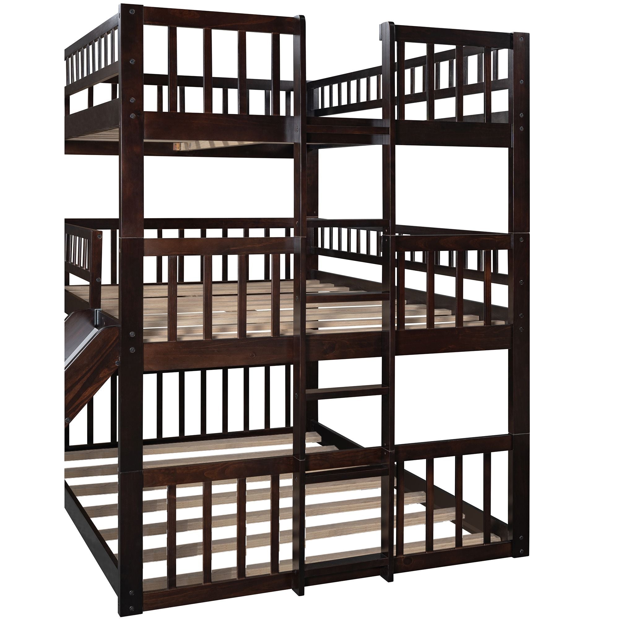 Triple Full Over Full Over Full Wood Bunk Bed with Slide and Ladder, Espresso Finish | Just Better Bunk Beds