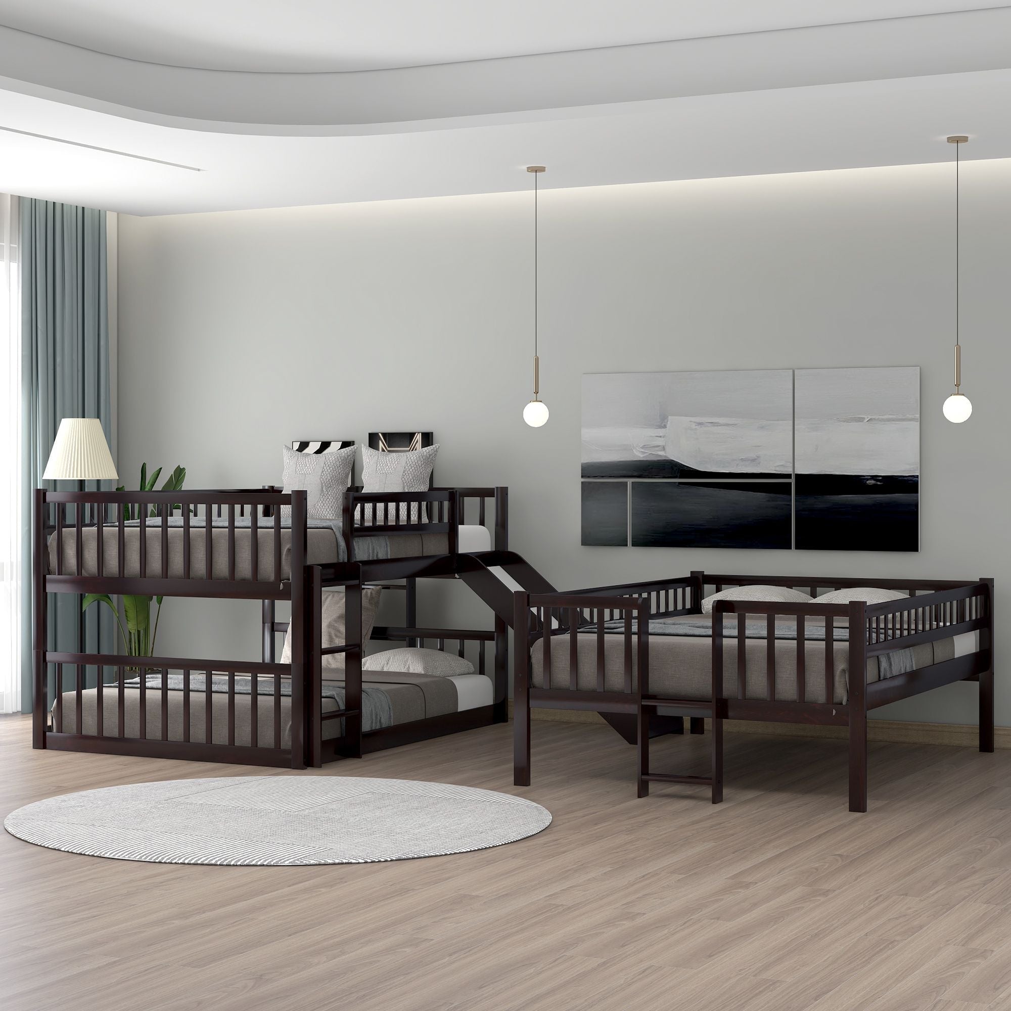 Triple Full Over Full Over Full Wood Bunk Bed with Slide and Ladder, Espresso Finish | Just Better Bunk Beds