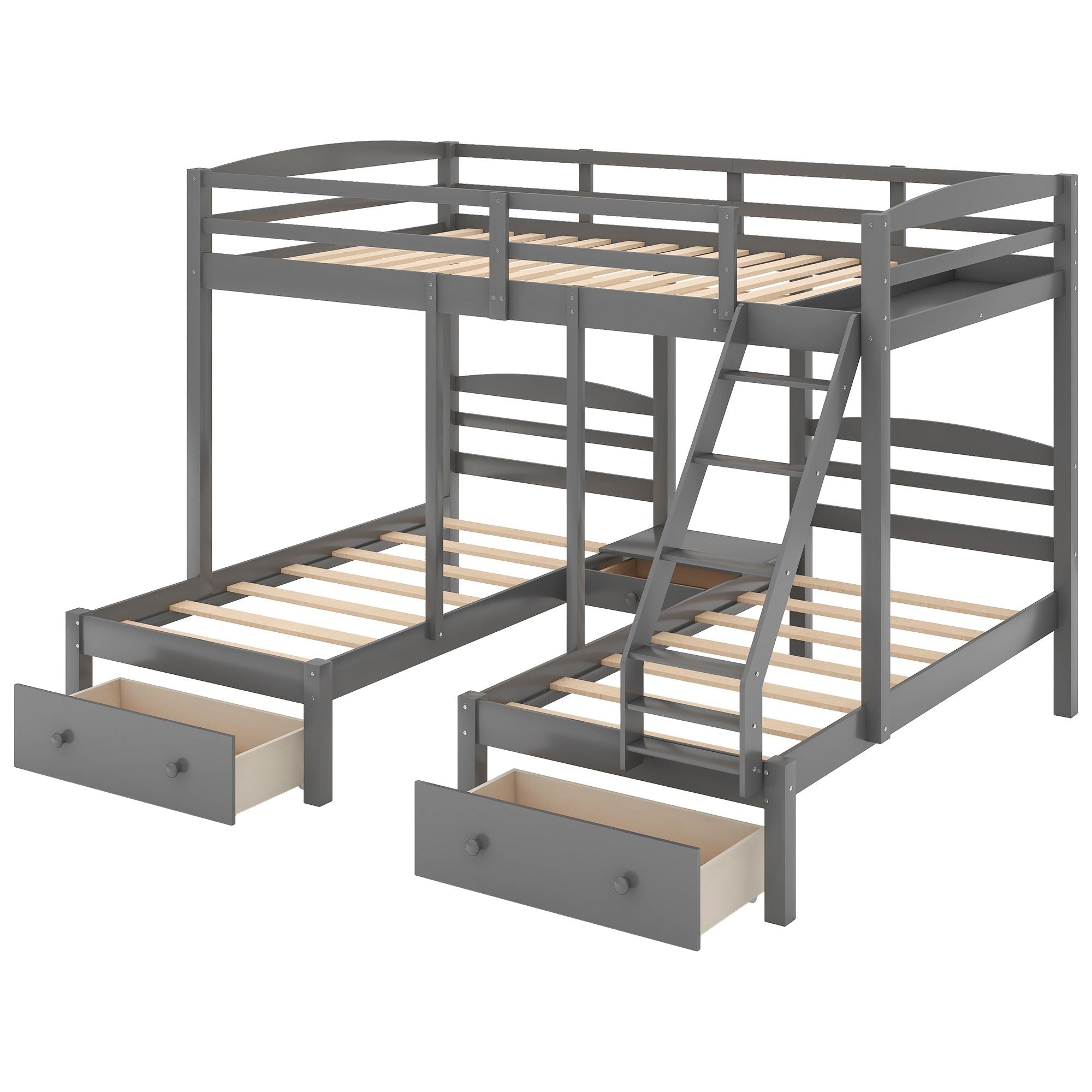 Triple Kids Shared Room Full Over Twin Over Twin Wood Bed with Storage Drawers, Gray | Just Better Bunk Beds