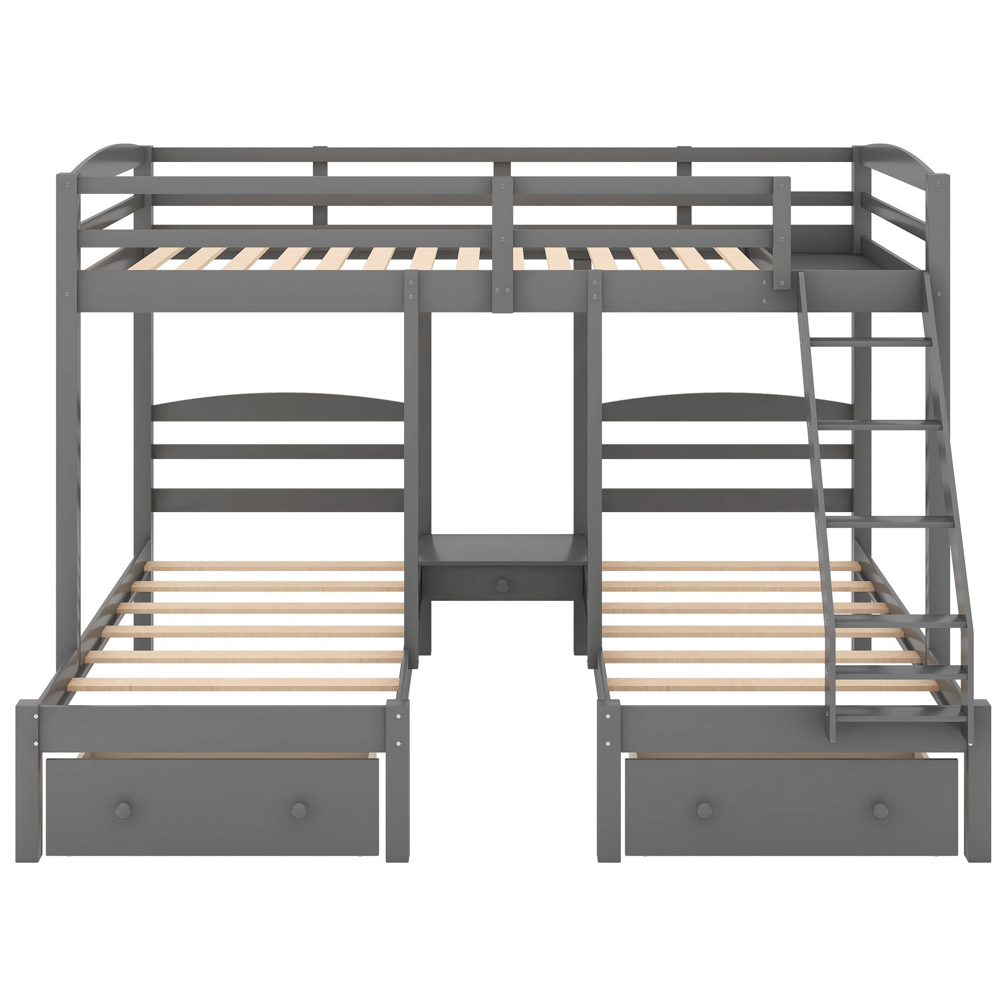 Triple Kids Shared Room Full Over Twin Over Twin Wood Bed with Storage Drawers, Gray | Just Better Bunk Beds